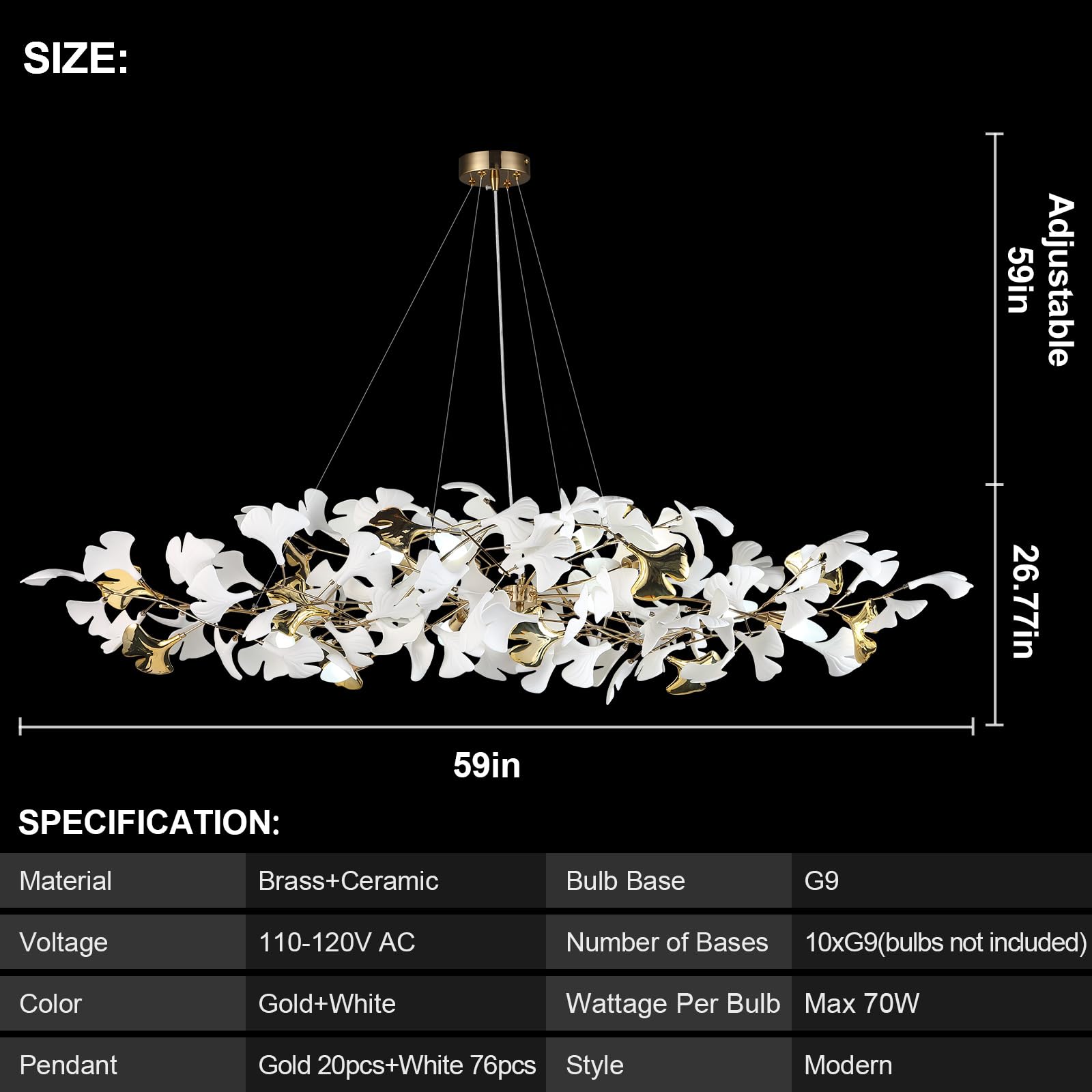 59 Inch White Rectangle Chandelier Ceramic Ginkgo Leaf Chandeliers Brass Large Chandeliers Modern Art Deco Chandelier for Dining Room Living Room,10-Light