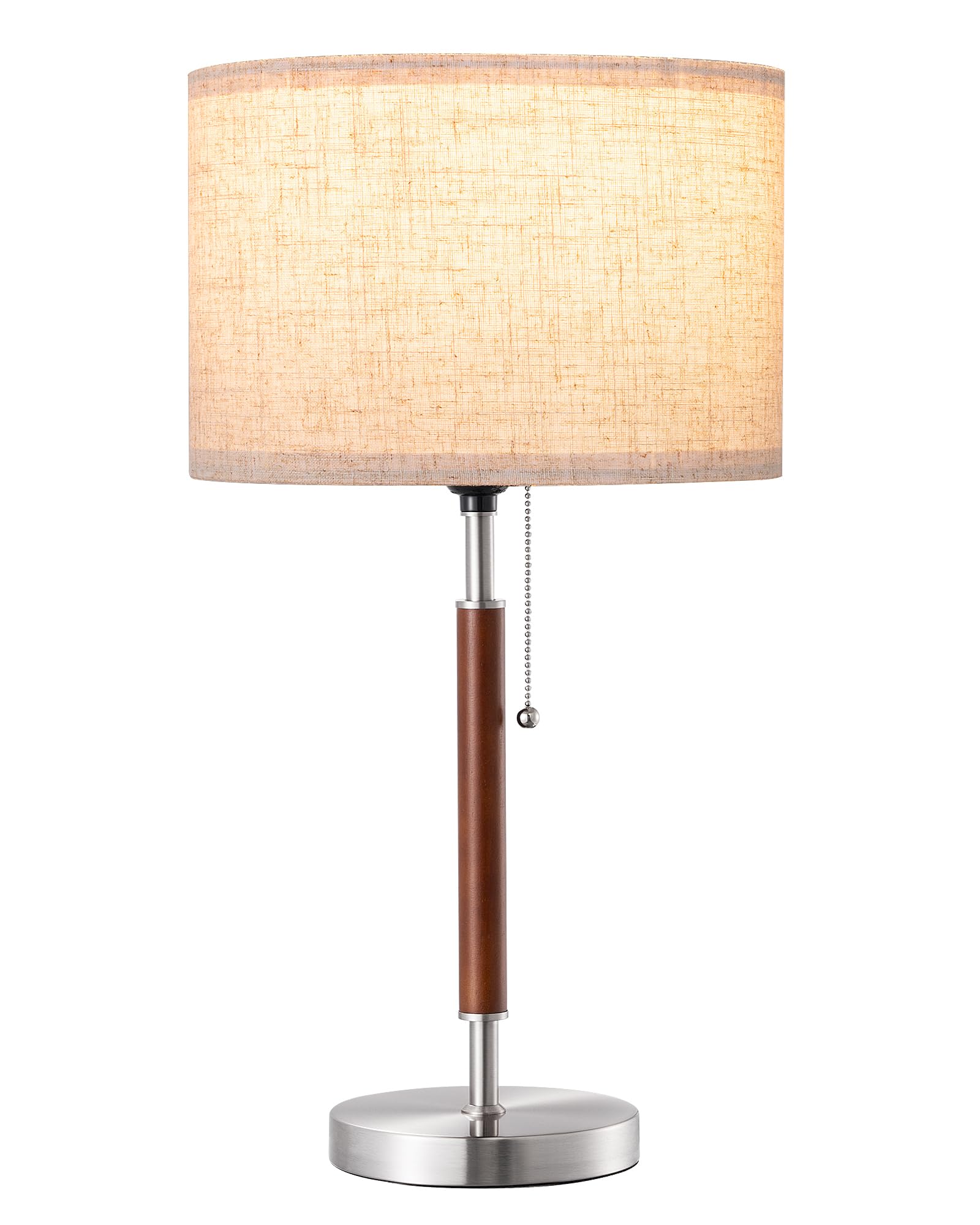 Mid Century Table Lamp, Bedside Lamp with Pull Chain Switch, Solid Wood & Metal Pole, Modern Nightstand Table Lamp for Living Room, Bedroom, Office, Frosted Bronze & Wood Finish