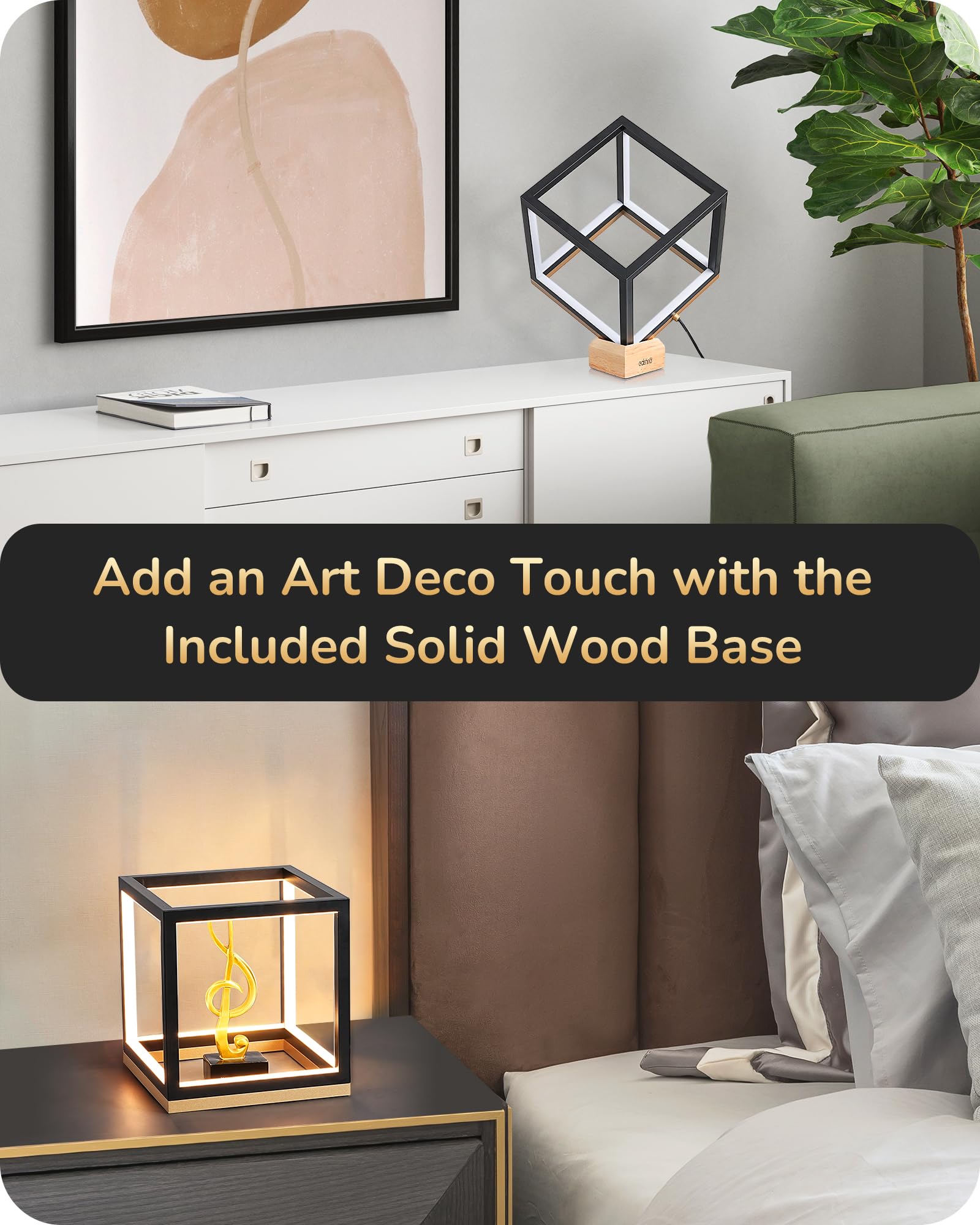 Modern LED Table Lamp, Minimalist Bedside Lamp with Solid Wood Base, 3 Way Dimmable, 3000K/4500K/6000K, 470LM, Black Gold Square Geometric Nightstand Lamp for Living Room, Bedroom, Office