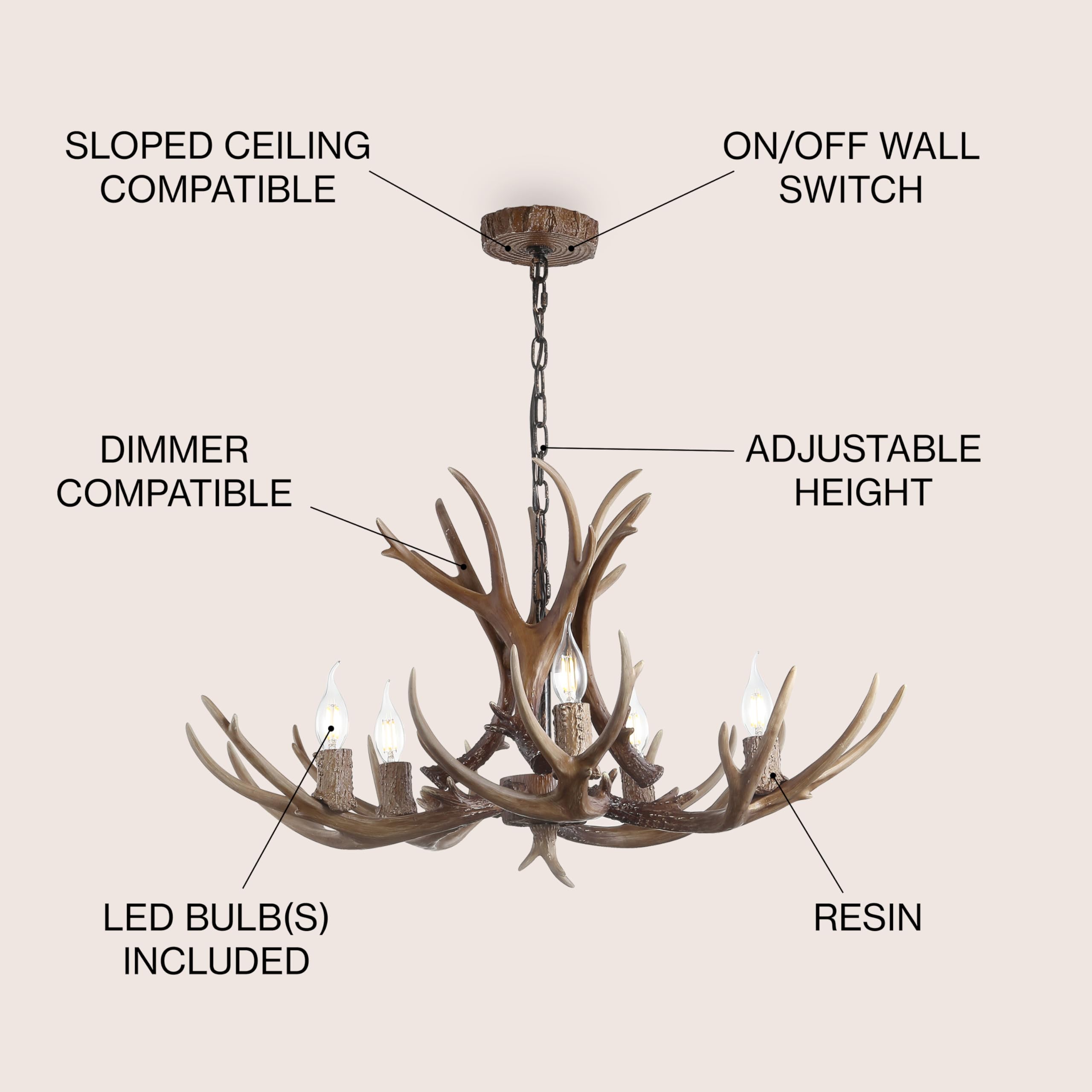 30" Adjustable Resin Antler 5-Light LED Chandelier, Glam, Rustic,Cottage,Transitional, Dimmable Dining Room, Living Room, Kitchen, Foyer, Bedroom, White