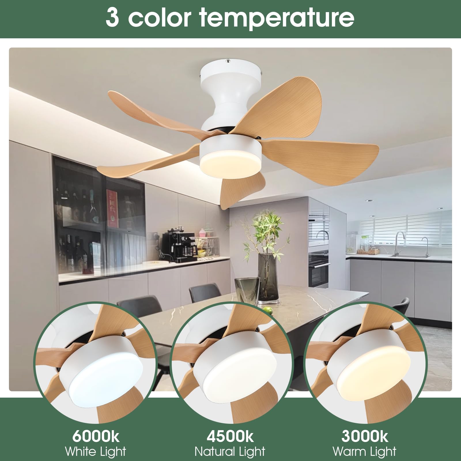 Ceiling Fans with Lights and Remote/APP Control, 30 inch Low Profile Ceiling Fans with 5 Reversible Blades 3 Colors Dimmable 6 Speeds Ceiling Fan for Bedroom Kitchen Dining Room, White