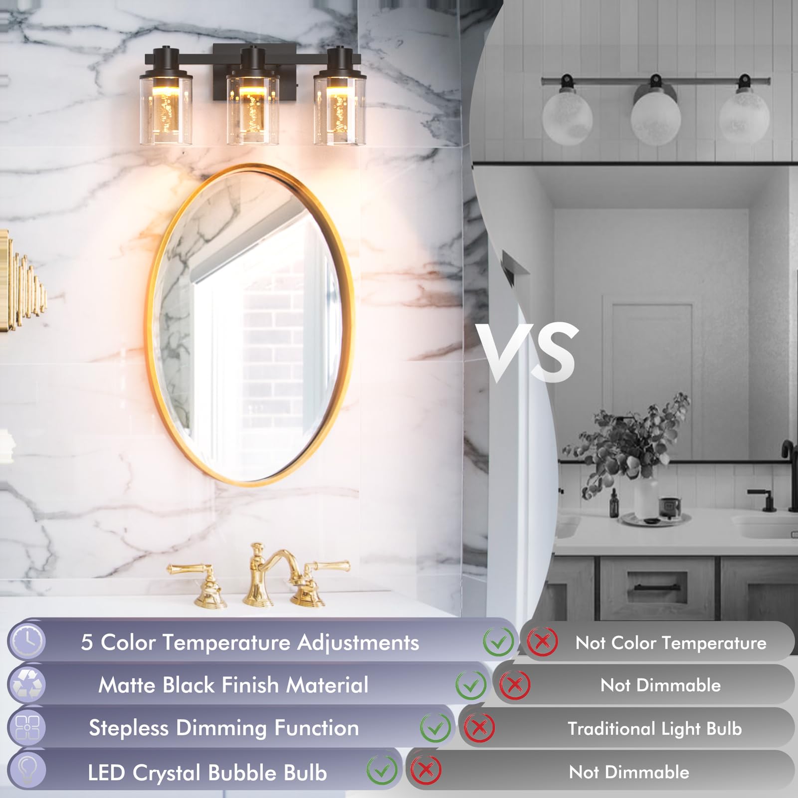 Bathroom Vanity Light Fixtures, 3-Light LED Lighting Fixtures Over Mirror, 5 CCT Modern Chrome Vanity Light for Bathroom with Crystal Bulb Clear Glass Shade Dimmable Bathroom Wall Lamp