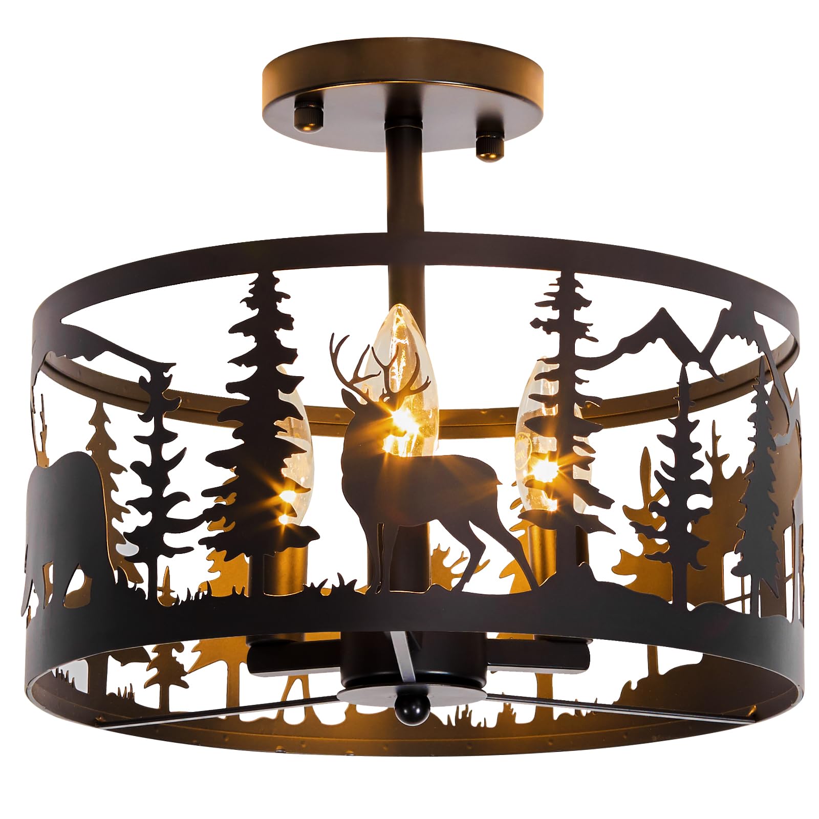 Rustic Semi-Flush Mount Ceiling Light Fixture,3-Light E12 Base Black Round Farmhouse Metal Light Fixtures for Kitchen, Hallway, Living Room, Industrial Style with Deer, Bear, Tree Design -Frame