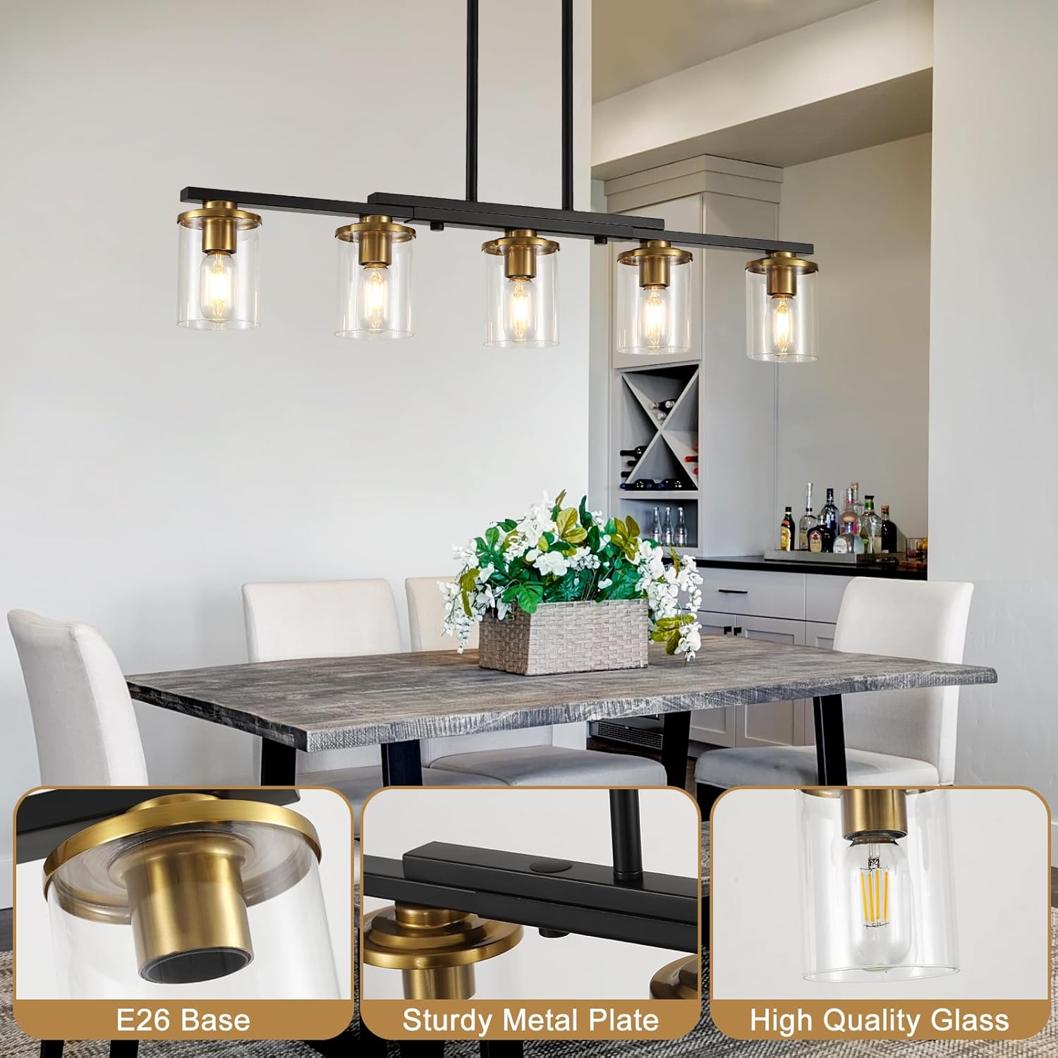 5-Light Kitchen Island Lighting,Dining Room Lights Modern Farmhouse Chandelier with Clear Glass Shade,Modern Rustic Black and Gold Metal Chandelier, Kitchen Pendant Light Fixtures Over Table