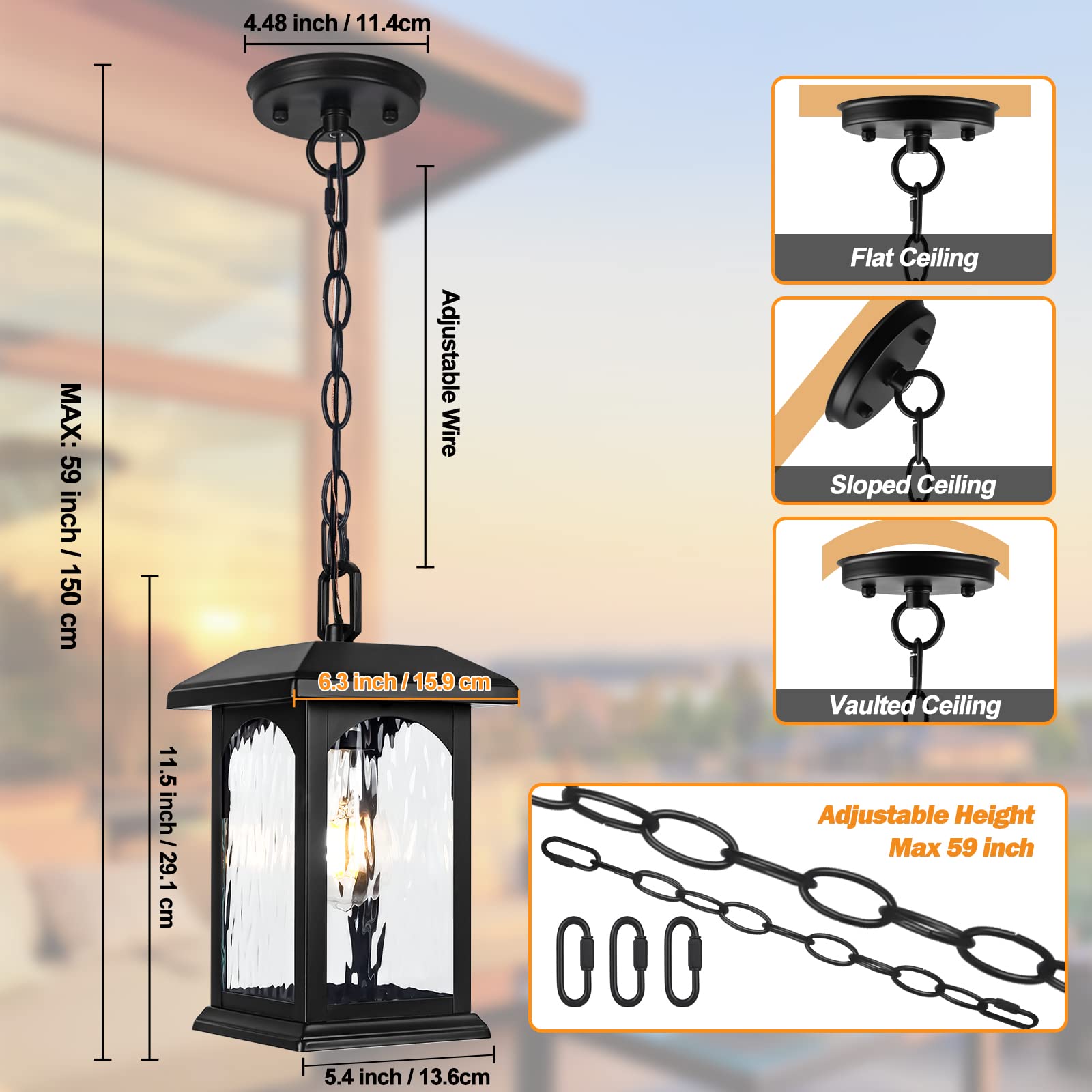 Outdoor Pendant Light Fixture, Adjustable Exterior Chandelier, Black Hanging Light, Porch Light with Temperate Rippled Glass, Modern Outside Hanging Lantern for Front Door, Gazebo, Patio, Anti-Rust