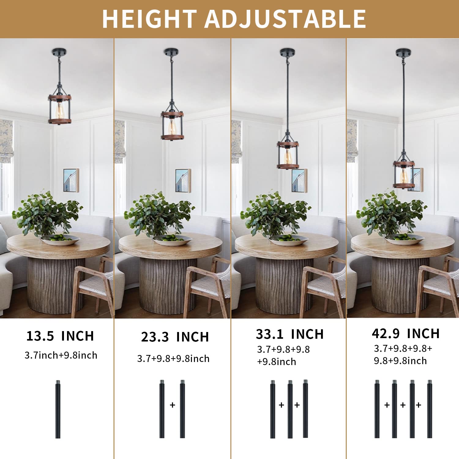 Farmhouse Pendant Light in Wood and Metal Cage, Rustic Brown Wood Pendant Light with Glass, Adjustable Hanging Light Fixtures, Mini Pendant Lighting for Kitchen Island, Hallway, Foyer, 1 Pack