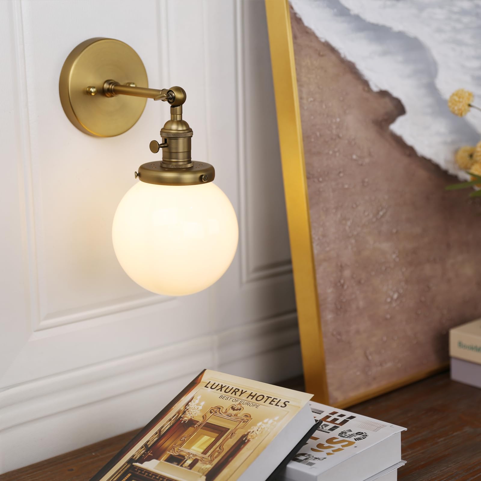 Industrial Wall Sconce with White Globe, Brass Bathroom Vanity Light with On Off Switch, Vintage Wall Light Fixtures for Living Room Loft Hallway