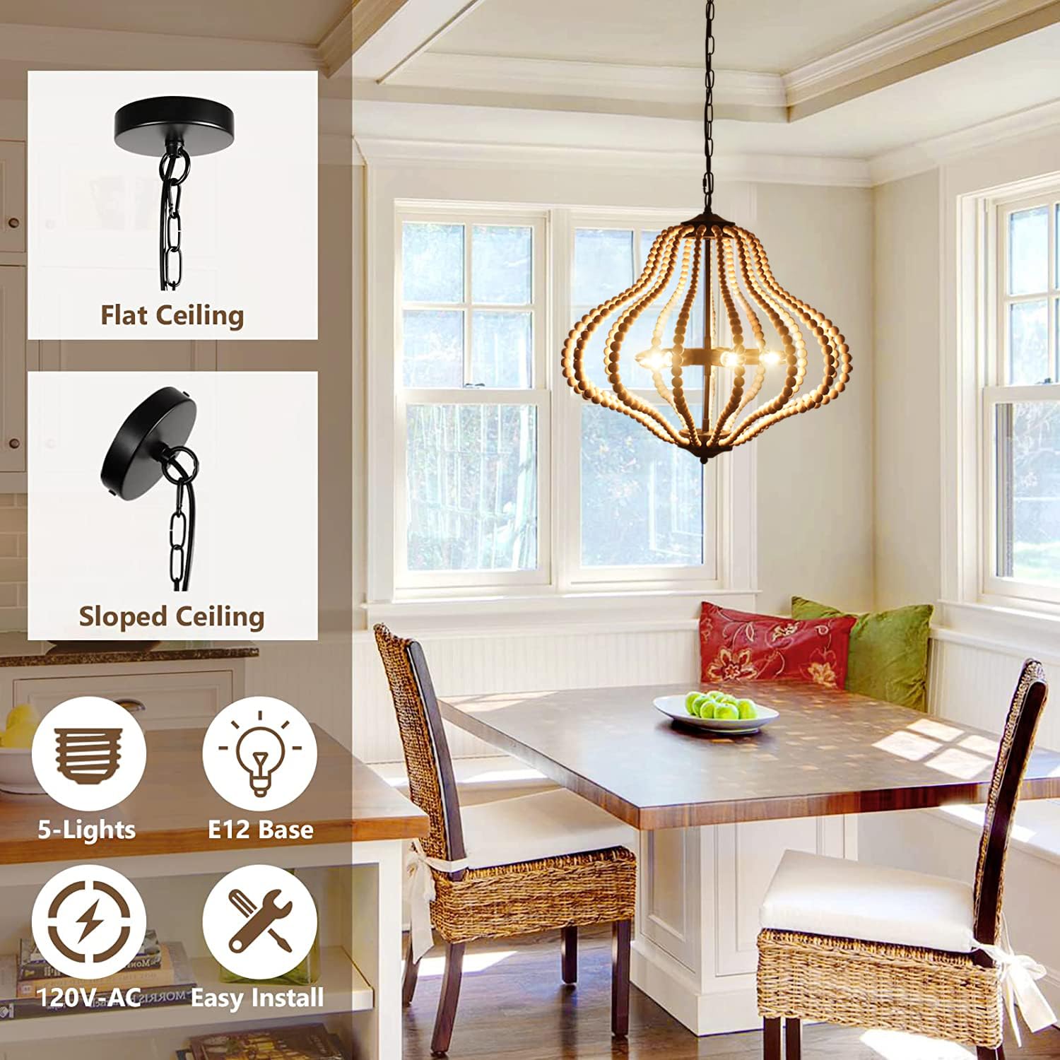 Modern Wooden Beads Dandelion Chandelier, Firework Pendant Lighting, 8-Lights Boho Hanging Light Fixture for Living Room Dining Room Bedroom Kitchen Foyer（Bulb is Included）