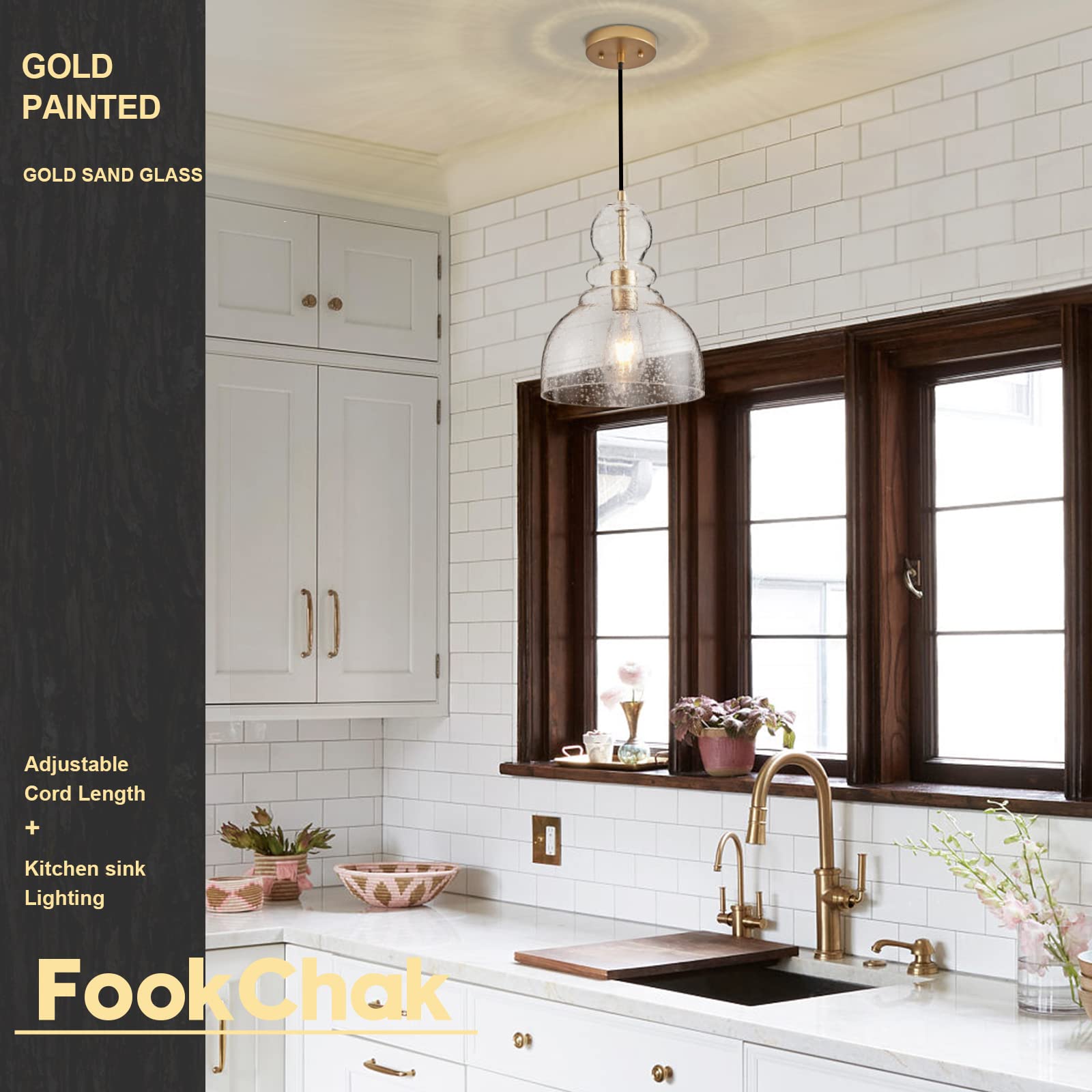 Gold Pendant Light, Modern Glass Pendant Lighting Over Table 10inch Large Brass Ceiling Haning Light Fixture for Kitchen Island Kitchen Sink Dining Room Hallway Entrance, 1-Light E26