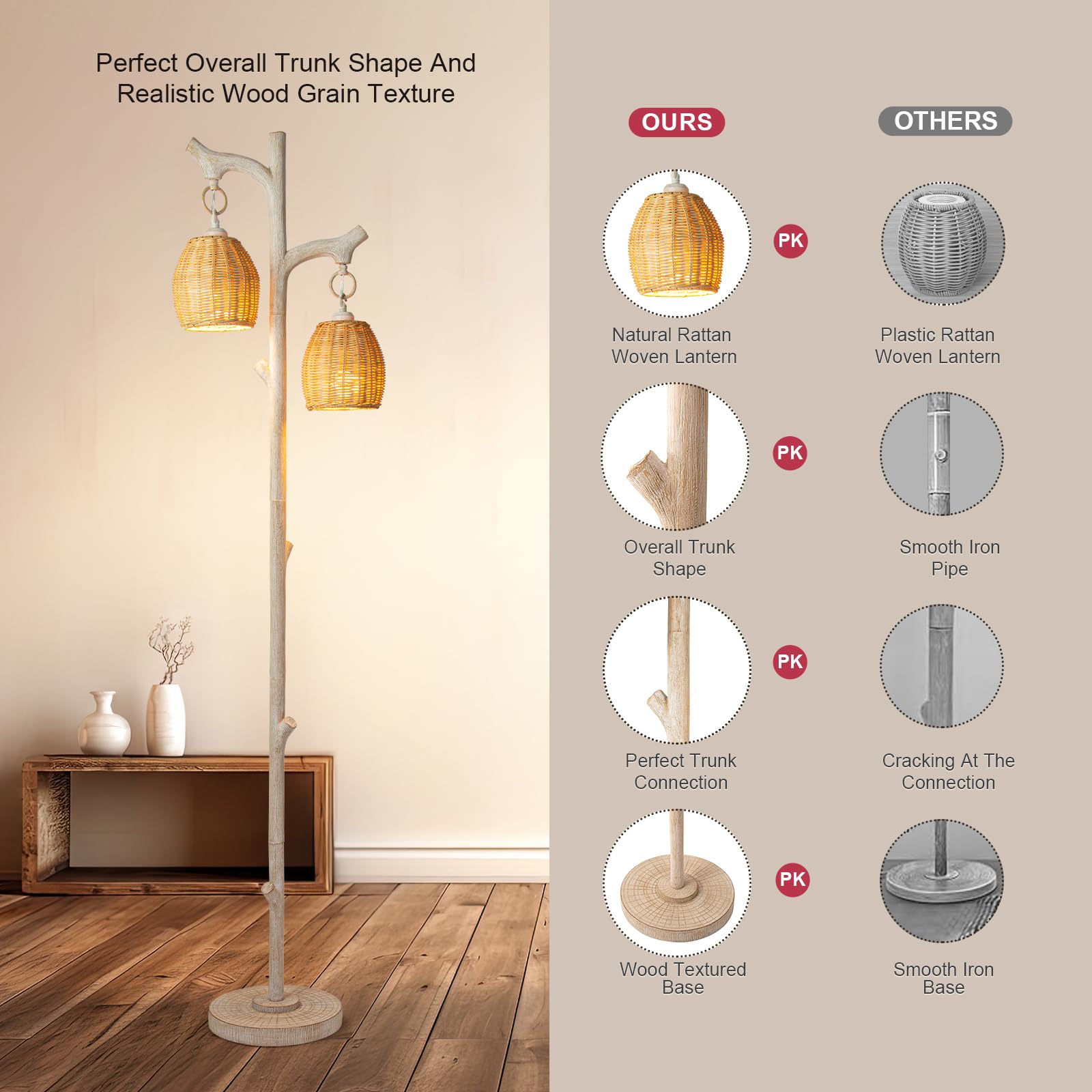 68.5" Rustic Farmhouse Remote Control Switch Birch Tree Floor lamp with Bird Nest Lantern Shade Vintage Standing Lamp for Living Room Bedroom Hotel Bar Office Wood House(LED Bulb Included)