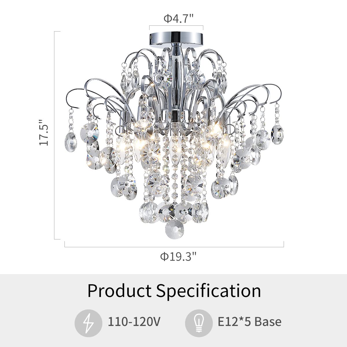 Crystal Chandelier Flushmount Ceiling Light Modern Lighting Fixture for Bedroom Hallway Bar Kitchen Bathroom, H 17.5'' x W 19.3'', E12 Base, Gold