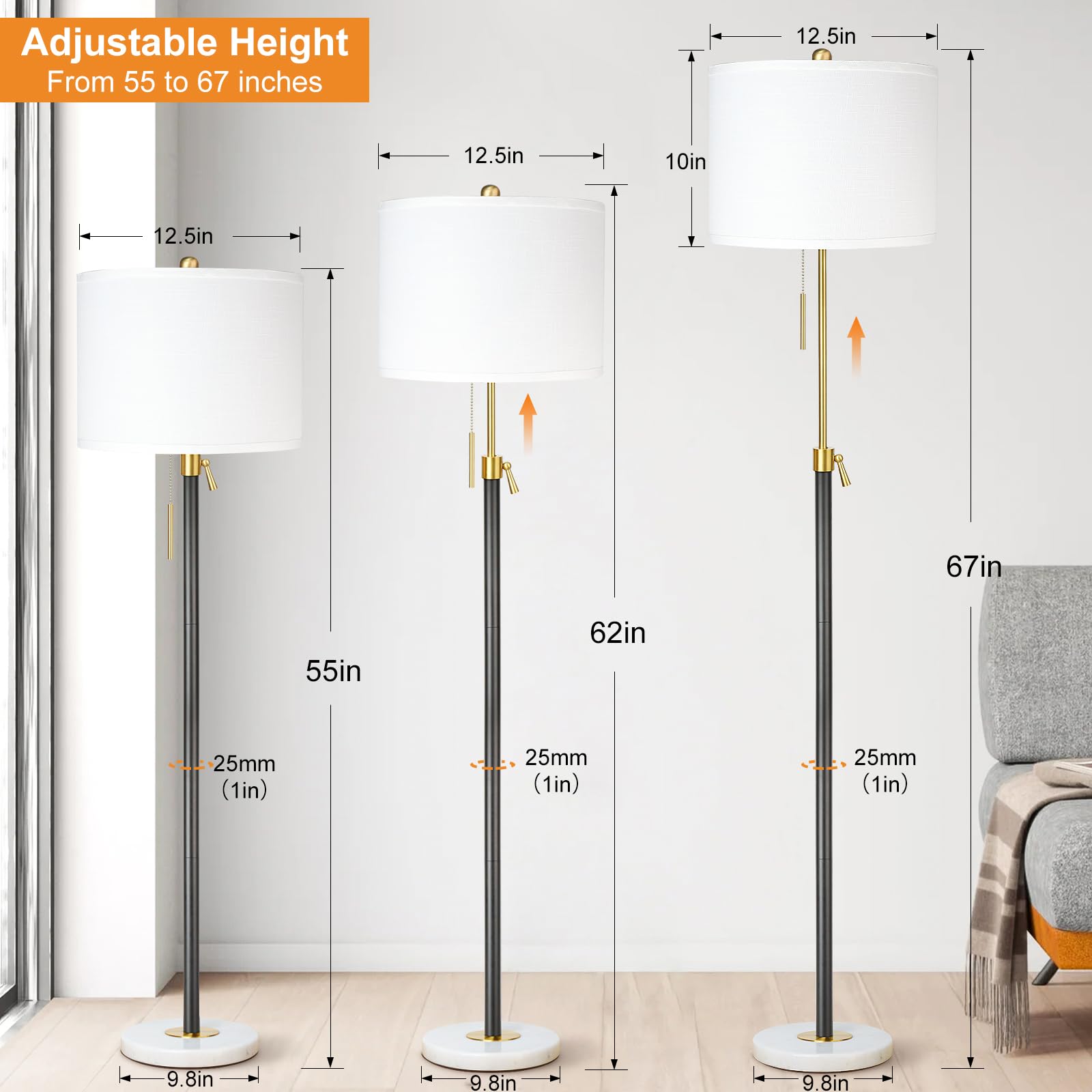 Floor Lamp for Living Room Adjustable Tall Standing Lamp, 3-Way Dimmable Floor Lamp for Bedroom Office, Black Gold Lamp with Marble Base and White Linen Shade, 6W 3000K LED Blub Included