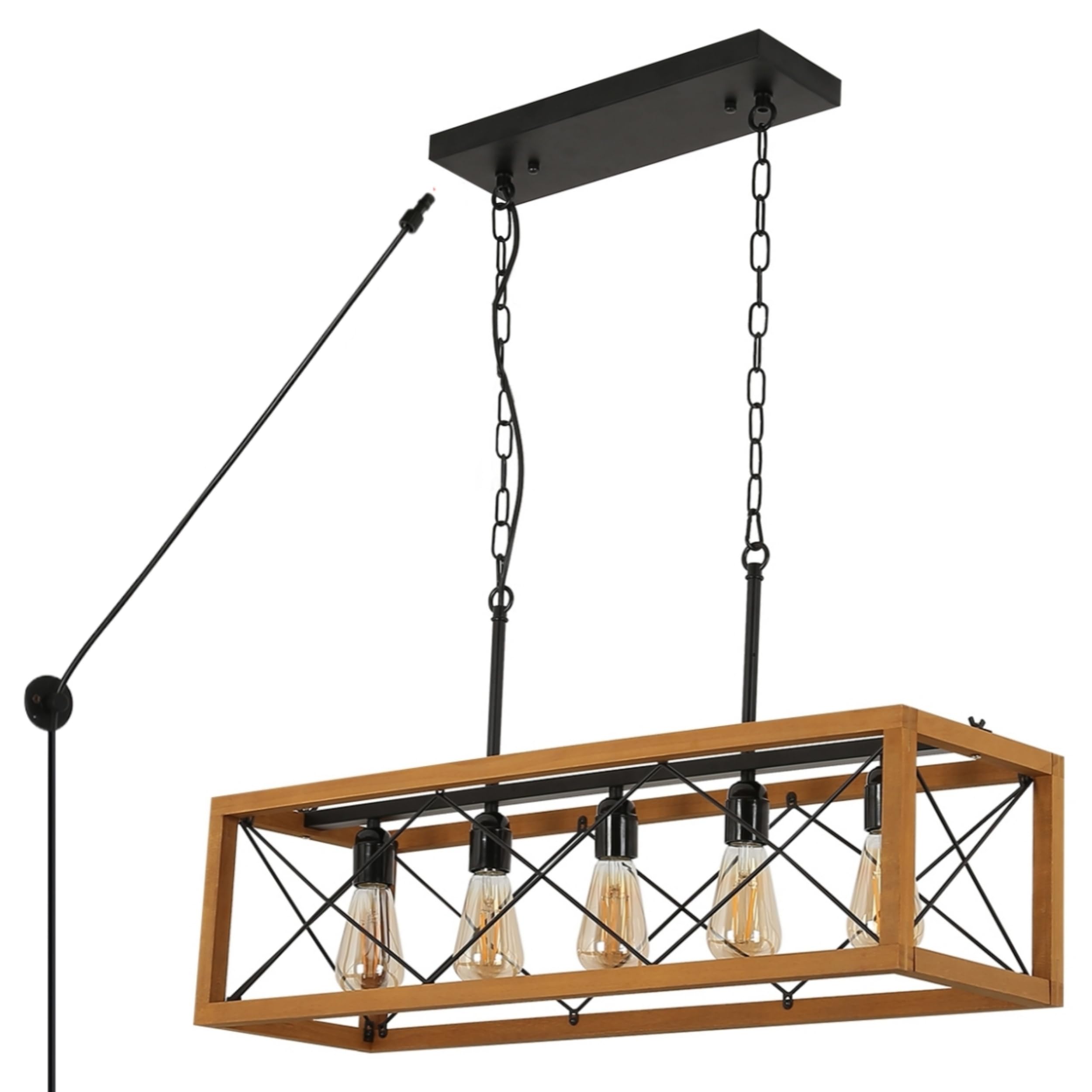 Rustic Kitchen Light Fixtures, Farmhouse Chandelier with Detachable Plug in Cord for Dining Room, Pool Table, Wood Linear Rectangular Pendant Light Fixtures Ceiling Hanging Black