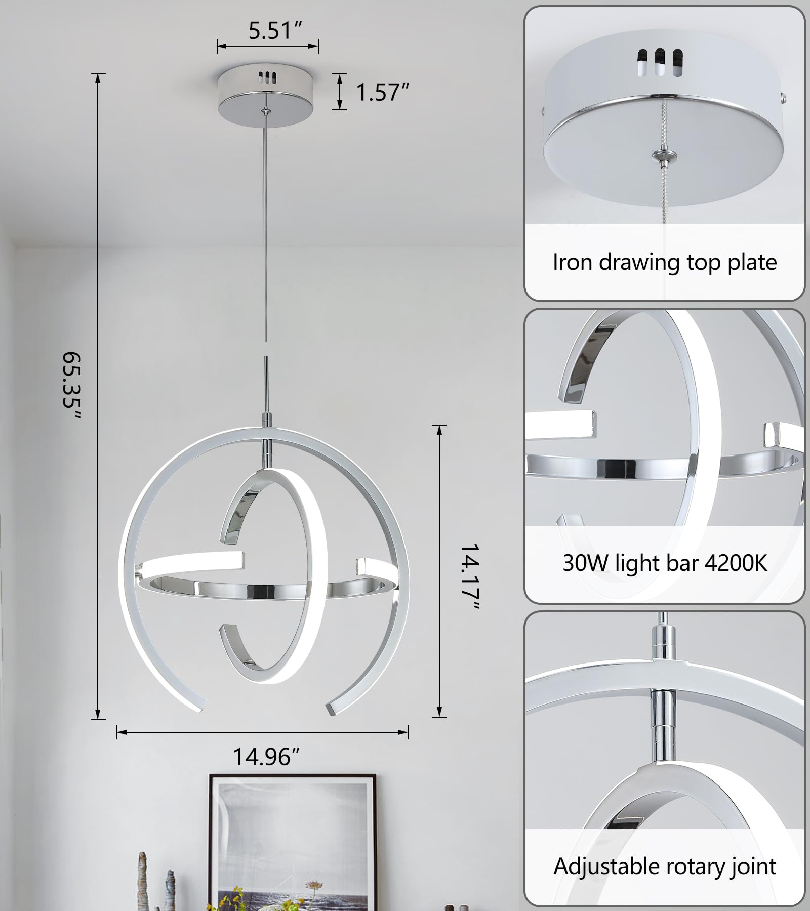 Modern Led Chandelier,Chrome Hanging Pendant Lights for Dining Room Foyer Entryway Kitchen Living Room 8 Lights