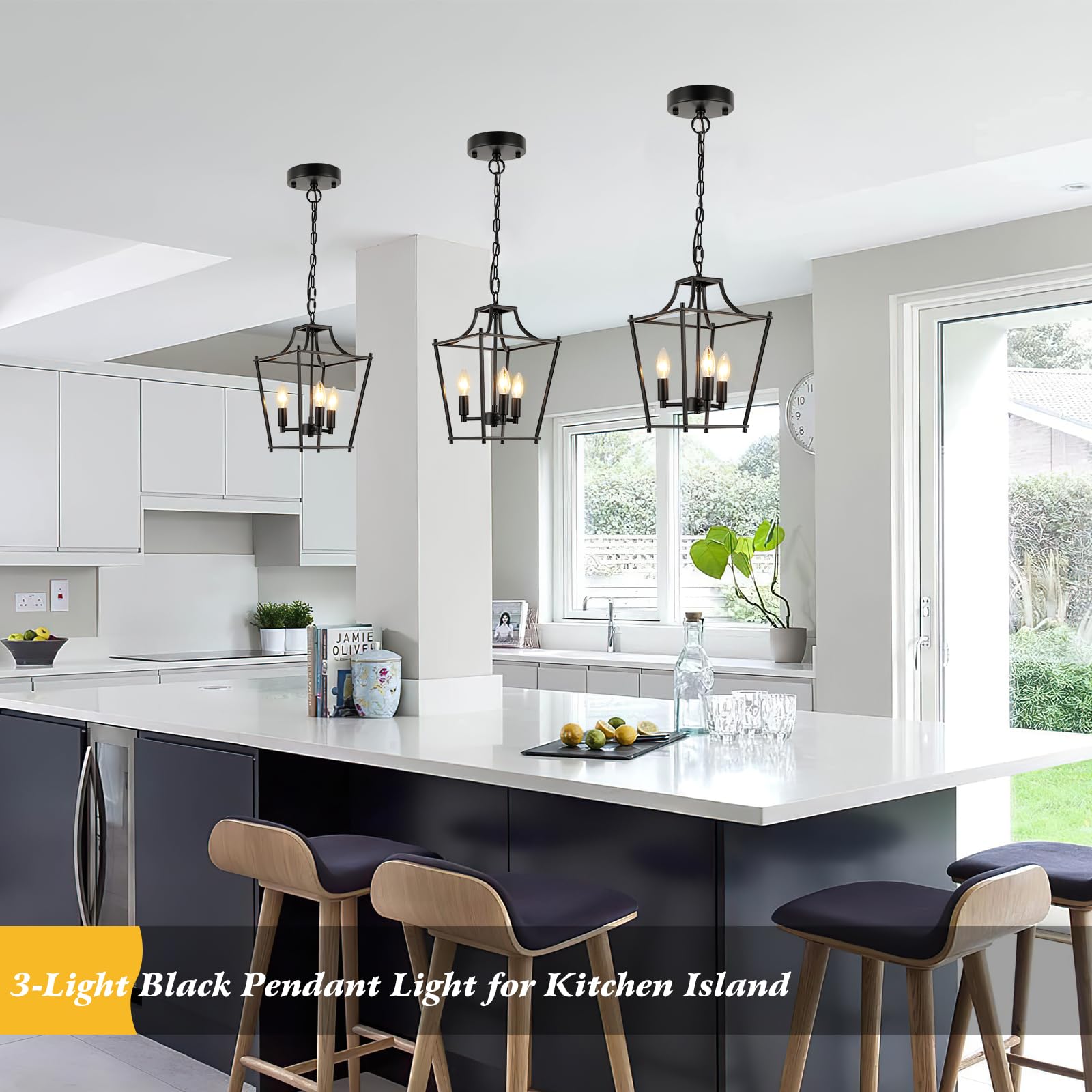 Farmhouse Kitchen Island Lighting Black Pendant Light Fixtures 4-Light Dining Room Lights Wood Chandelier Adjustable Hanging Pendant Lighting for Kitchen Island