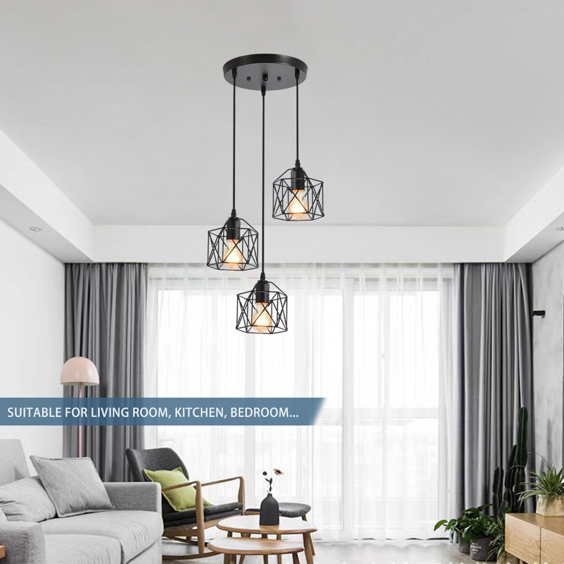 3-Light Hanging Pendant Light Fixtures, Farmhouse Kitchen Island Light Fixture, Industrial Hanging Pendant Lighting for Dining Room Bedroom Hallway, Black Metal Cage Pendant Lamp, E26 Base