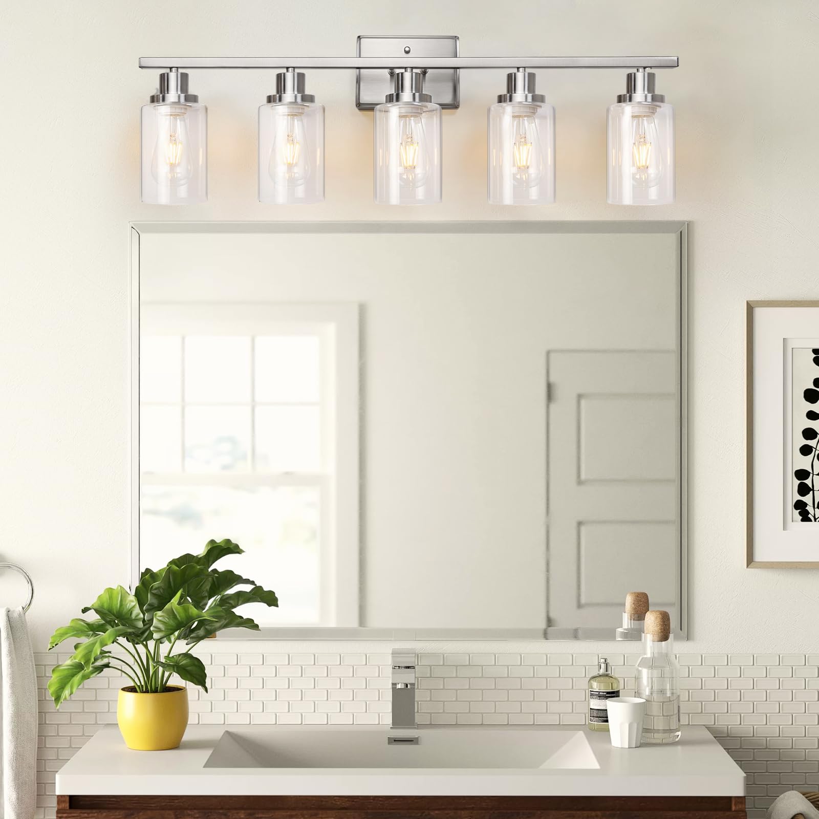 Ascher Bathroom Vanity Light Fixtures, 3 Light Wall Sconces Lighting with Clear Glass Shade, Brushed Nickel Wall Lights for Mirror, Kitchen, Living Room, Gallery, E26 Base (Bulbs Not Included)