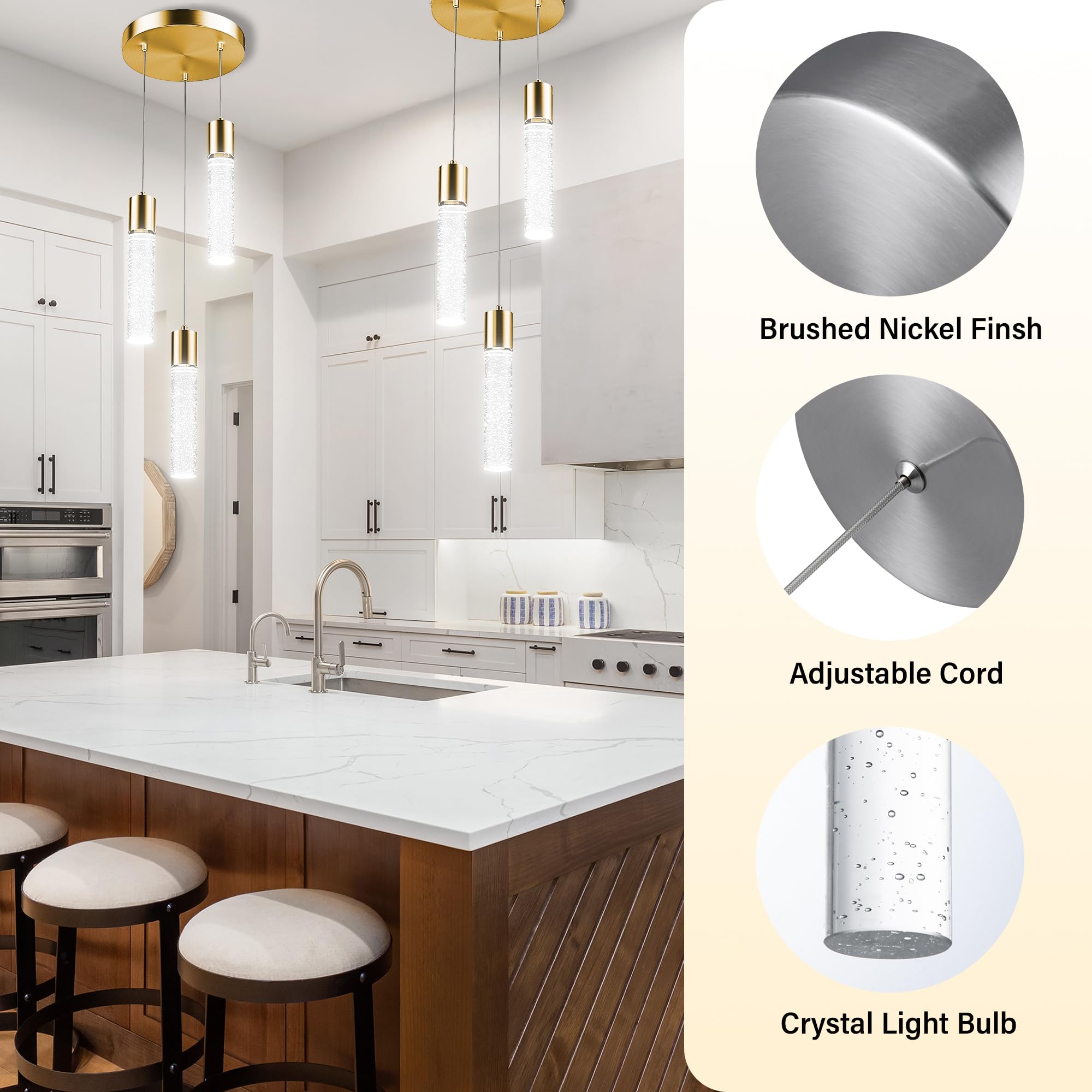 Pendant Lights Kitchen Island 3 Pack, 6500K Modern Kitchen Island Lights Ceiling Lighting Fixtures with Crystal Bubble, Integrated LED Cold White Hanging Light Dining Room Light