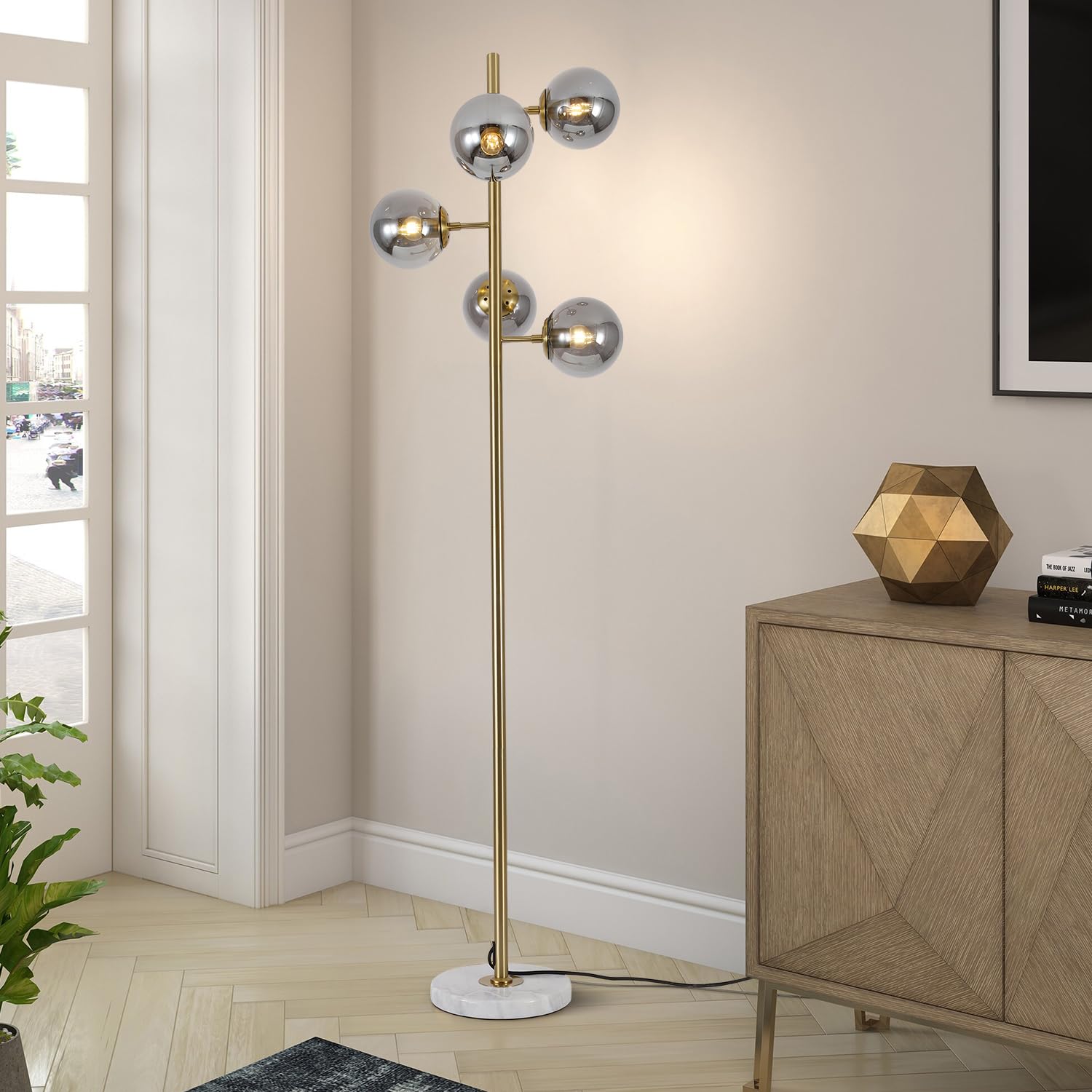 Lighting 5-Light Frosted White Glass Globe Floor Lamp Mid Century Modern Gold Tall Pole Standing Light LED Standing Lamps with Foot Switch for Home Office (Gold)