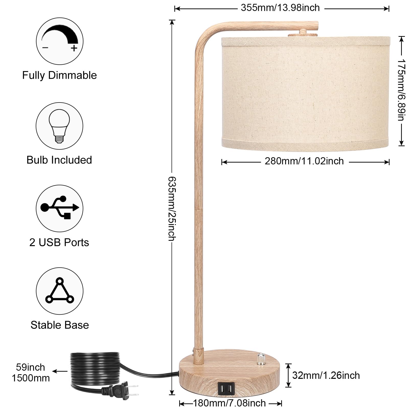 USB Bedside Lamp, Industrial Side Table Lamp with Dual USB Charging Ports, Fully Dimmable Nightstand Lamp, Tall Reading Lamp Desk Lamp for Bedroom, Living Room, Office, 9W LED Bulb Included