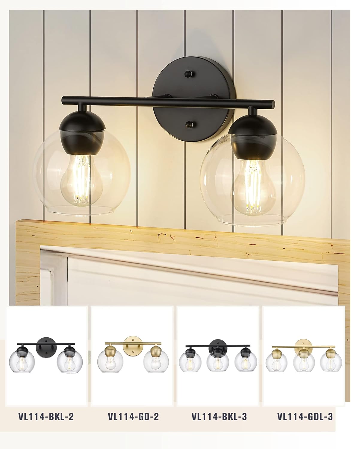 Black Vanity Lights for Mirror, Modern Farmhouse 2-Light Bathroom Light Fixtures Globe Bathroom Vanity Light with Milk Glass Shade, VL114-BK-ML-2