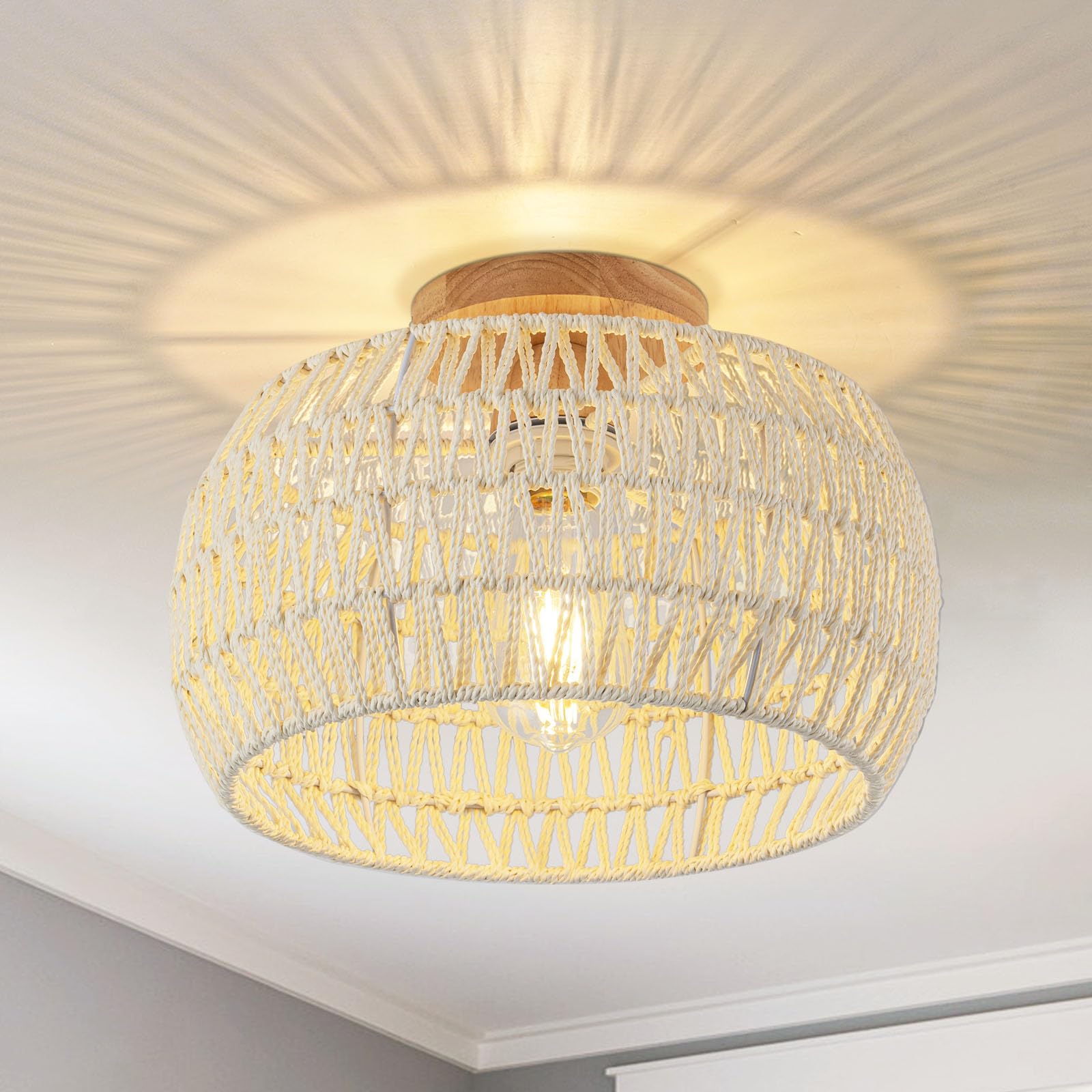 Rattan Pendant Light Fixture Basket Hanging Drum Chandelier Basket Light White Boho Ceiling Light Flush Mount Ceiling Light Woven Kitchen Chandelier for Dinning Room Hallway Bedroom Chandelier