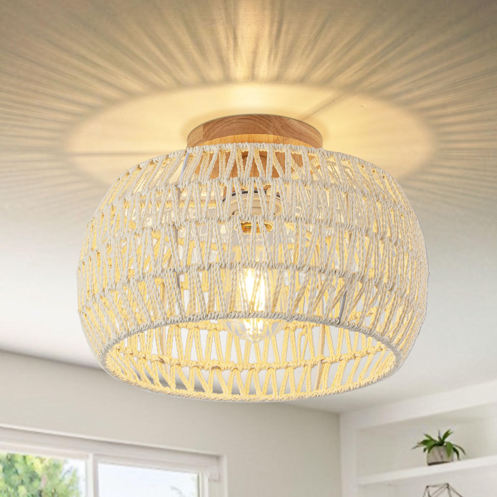 Rattan Pendant Light Fixture Basket Hanging Drum Chandelier Basket Light White Boho Ceiling Light Flush Mount Ceiling Light Woven Kitchen Chandelier for Dinning Room Hallway Bedroom Chandelier