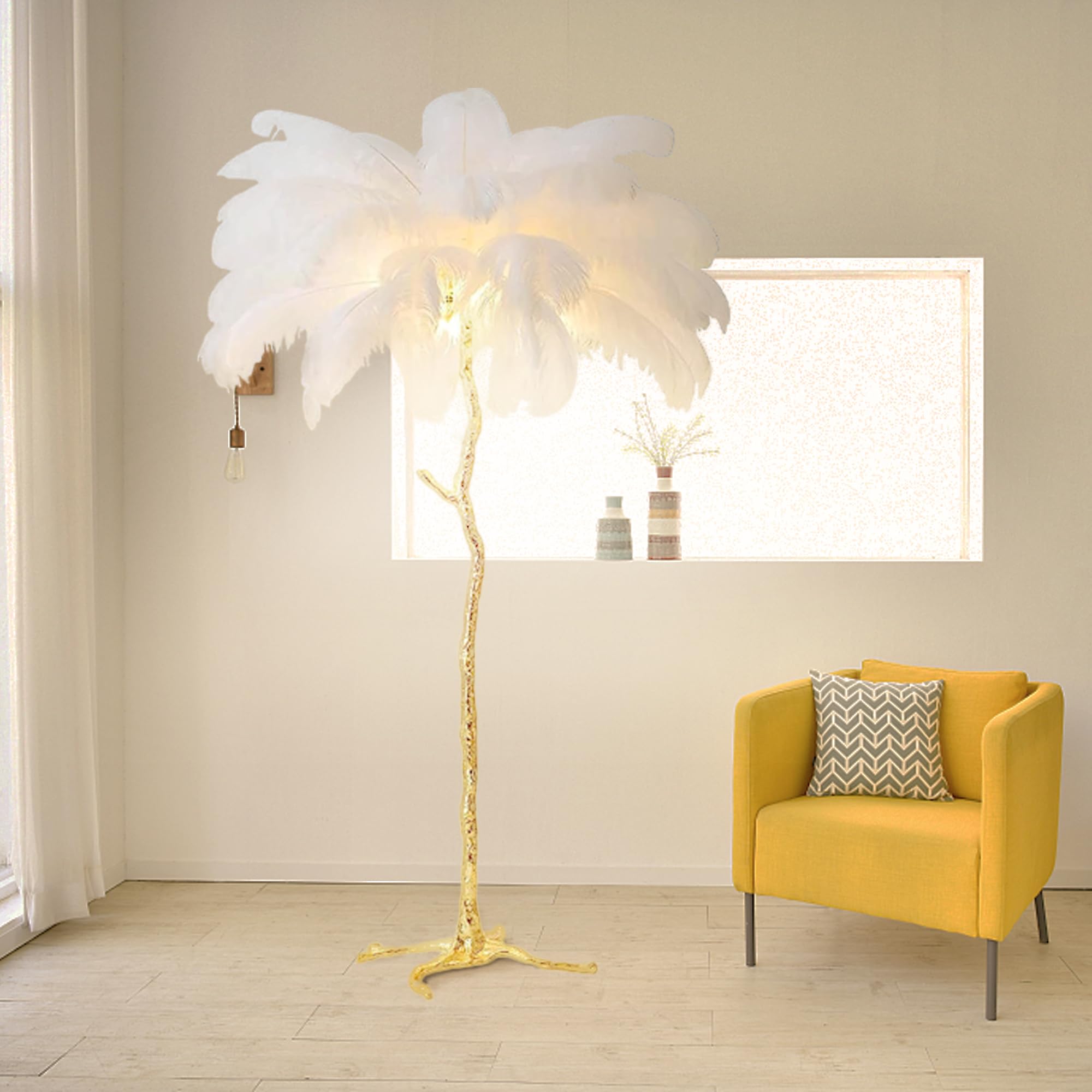 Floor Lamp White Natural Ostrich Unique Bedside Floor Lamps with Foot Switch Modern Gold Luxury LED Bulbs Resin Standing Light for Bedrooms Dining Room Living Room Kitchen 35 Pieces