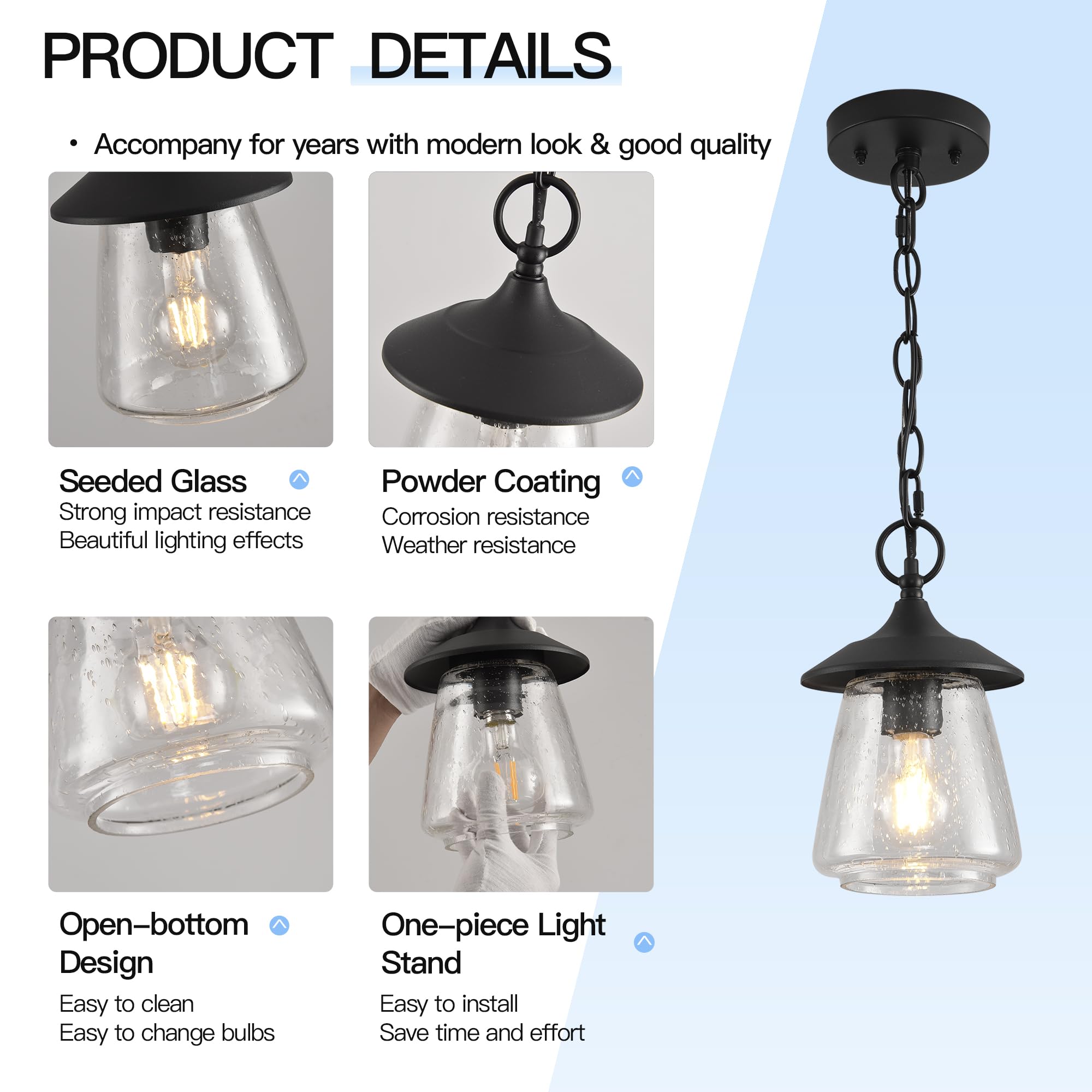 Outdoor Pendant Light, Black Outdoor Porch Light fixtures with Anti-Rust, Exterior Hanging Lantern, Height Adjustable Outside Chandelier with Water Glass for House Patio Garage