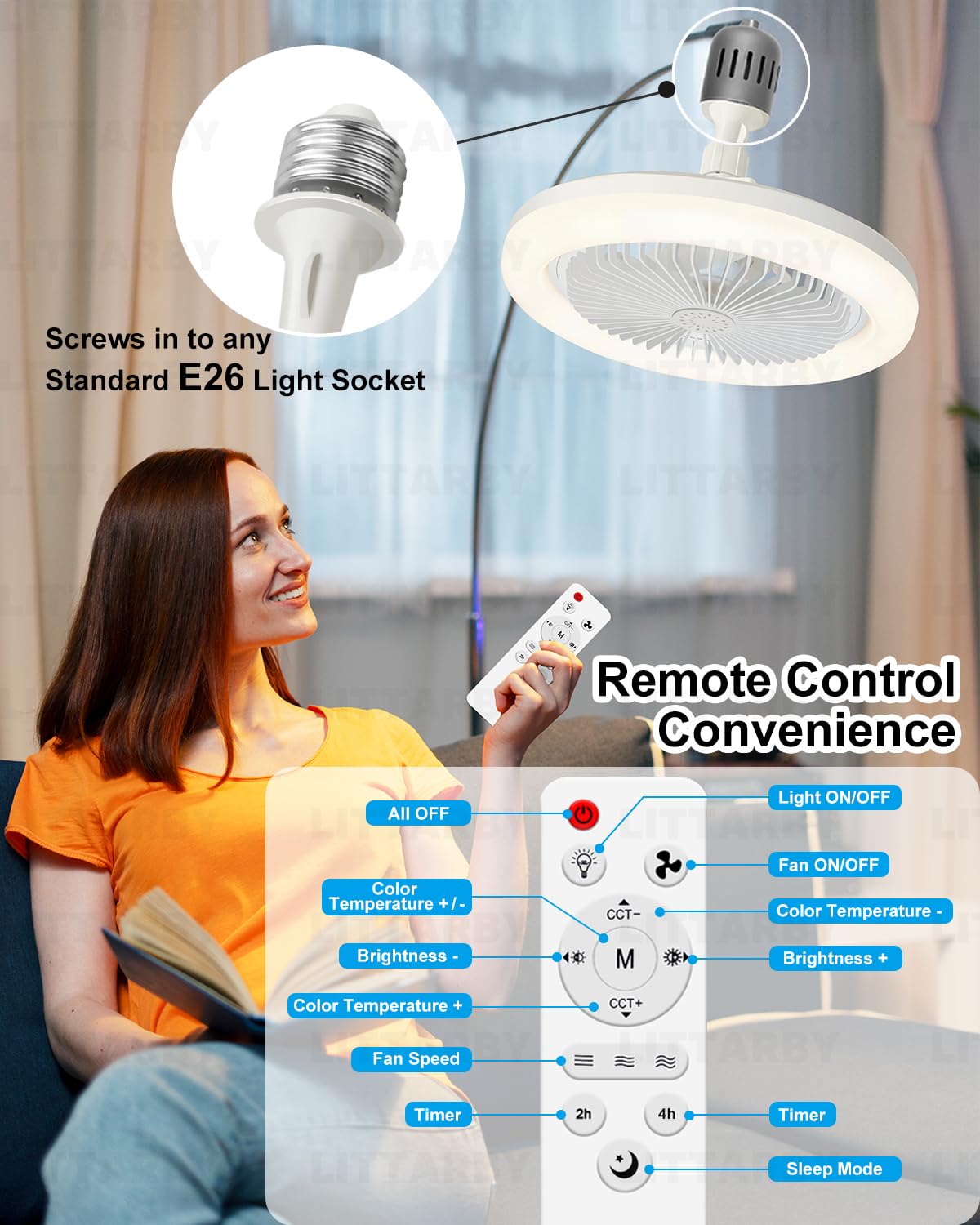 Ceiling Fans with Lights, Socket Fan Light with Remote Control, Dimmable Brightness 3000K-6500K Memory, Socket Modern Flush Mount Low Profile Ceiling Fan for Bedroom, Small Living Room, Kitchen Black