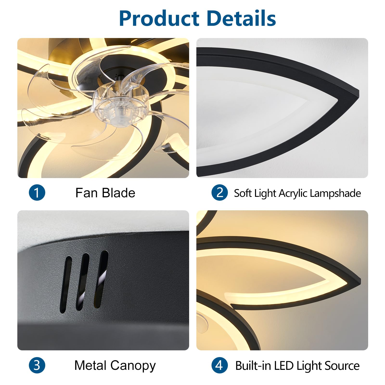 Ceiling Fan with Lights Remote Control, 24" Black, 6 Speeds 3 Light Color Low Profile Flush Mount Ceiling Fan for Kitchen Bedroom