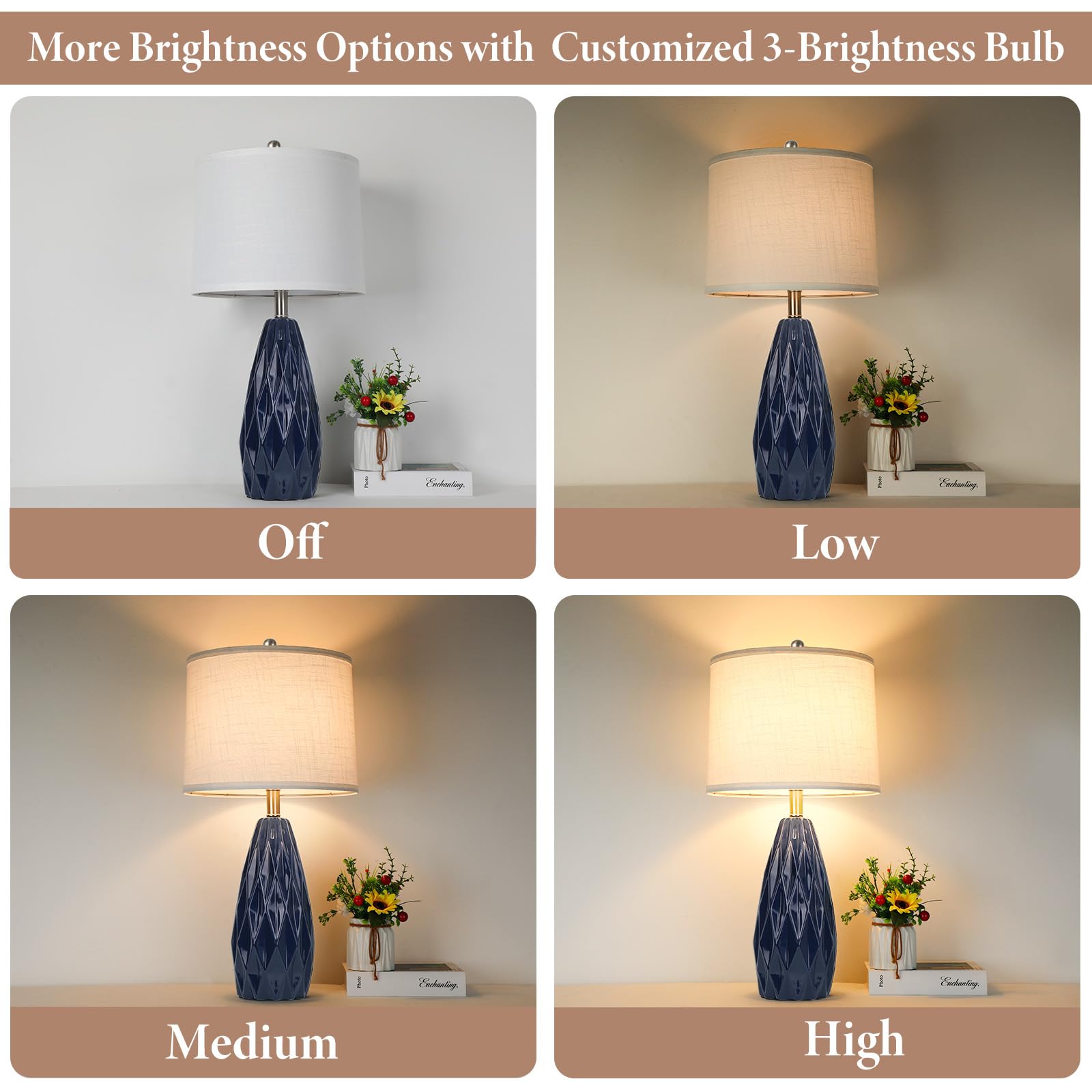 Table Lamp 25", Bedside Lamps for Bedroom Ceramic Desk Lamp White Lamp for Living Room End Table Lamps | 3-Way Dimmable Tall Nightstand Lamps Modern Geometric Lamp for Farmhouse Office(Bulb Included)