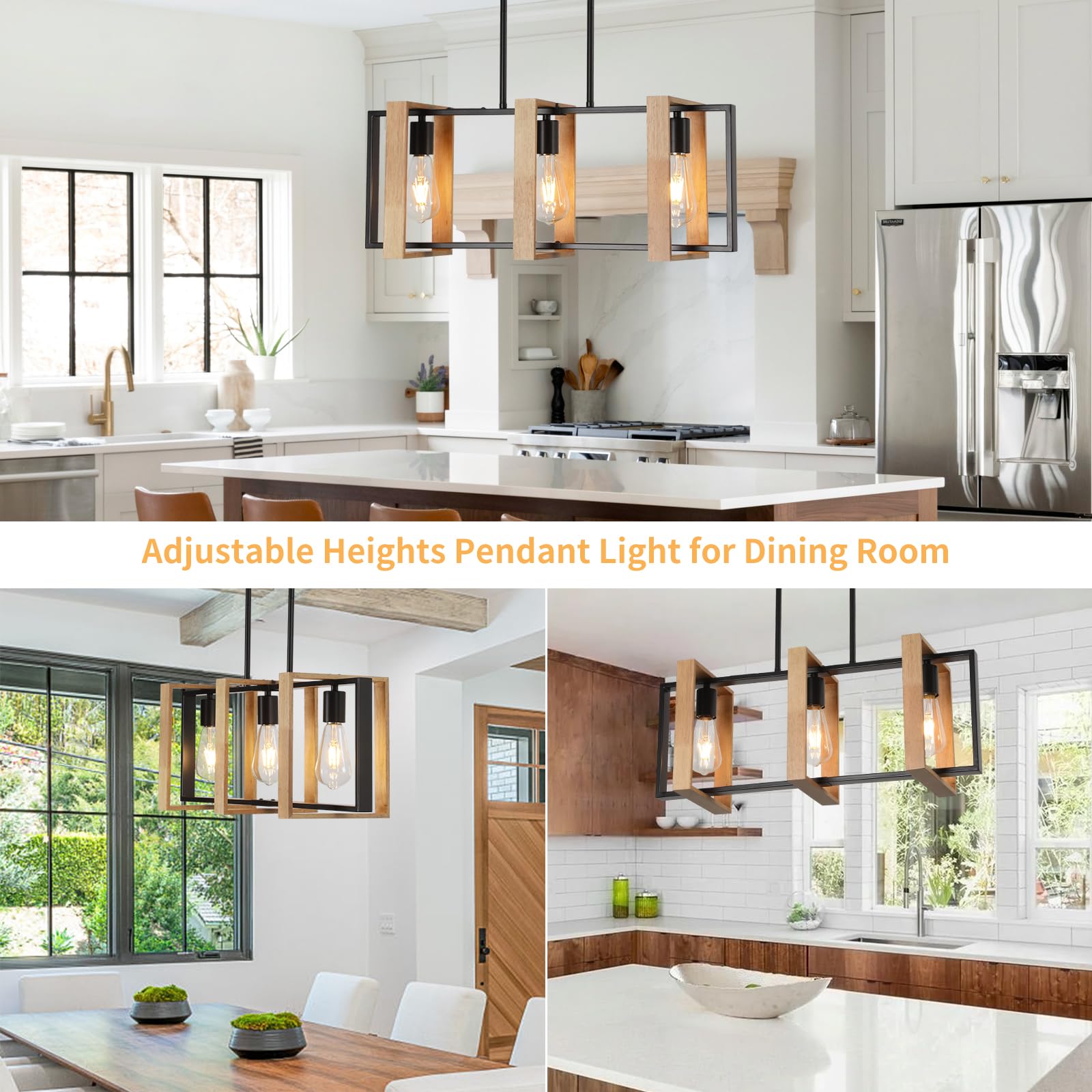 Farmhouse Kitchen Island Lighting Black Pendant Light Fixtures 4-Light Dining Room Lights Wood Chandelier Adjustable Hanging Pendant Lighting for Kitchen Island