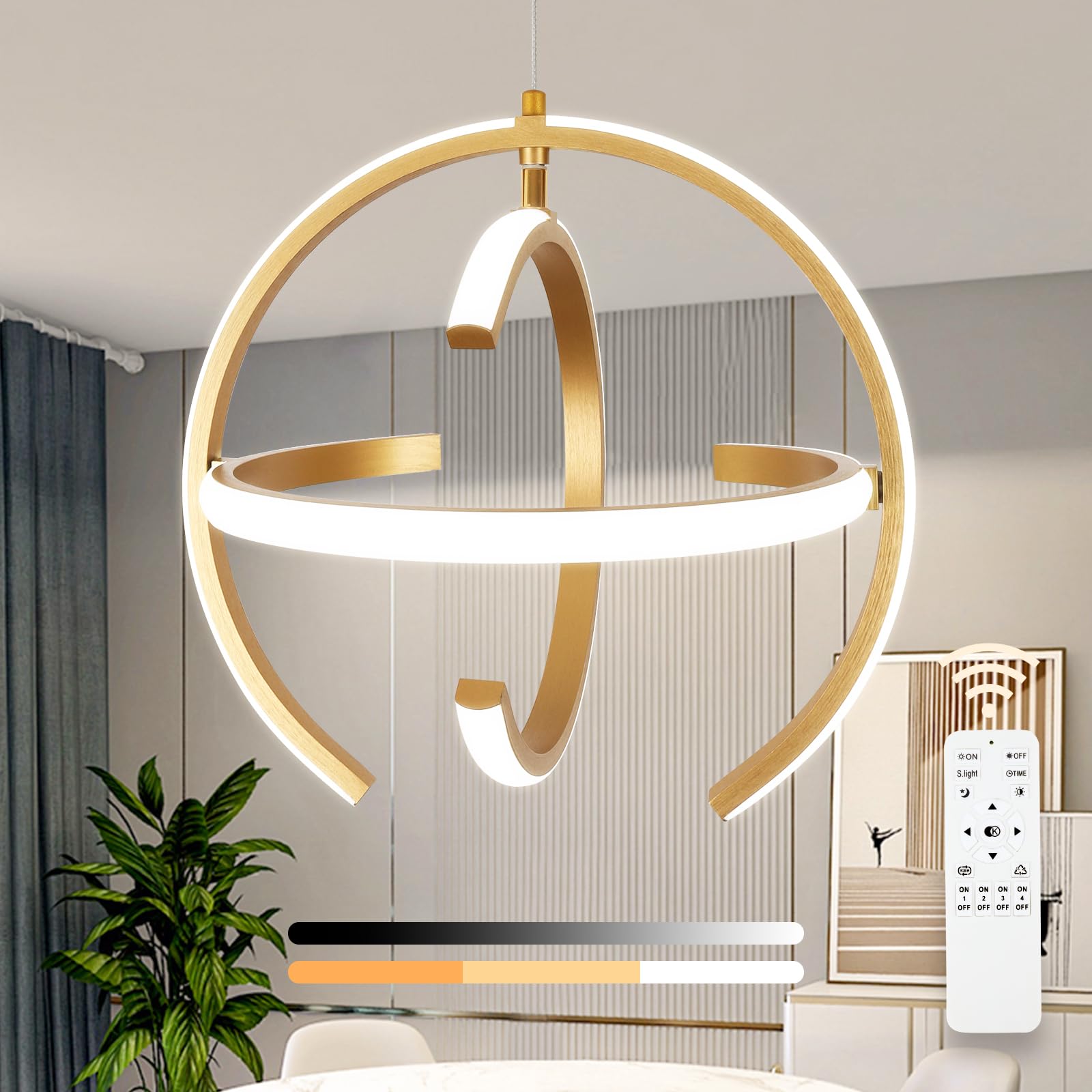 Modern Gold LED Chandelier, Dimmable Metal Brushed Globe Pendant Lights, Hanging Ceiling Light Fixture for Kitchen Island Living Room Room Dining Bedroom Hallway Entryway Foyer 13.8 Inchs