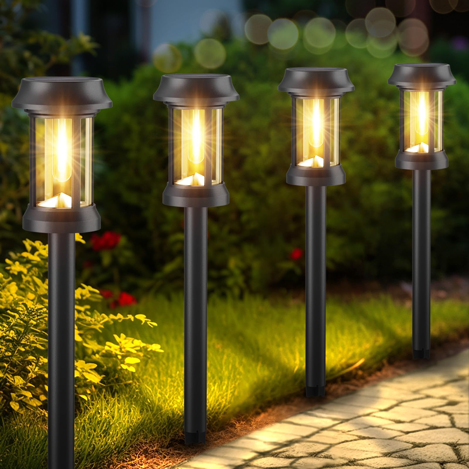 Solar Pathway Lights Outdoor, 8 Pack Solar Lights Outdoor, Glass & Metal Solar Powered Outdoor Lights Maintain 10 Hours of Lighting for Outside Garden Yard Driveway Path Landscape Decor (Black)