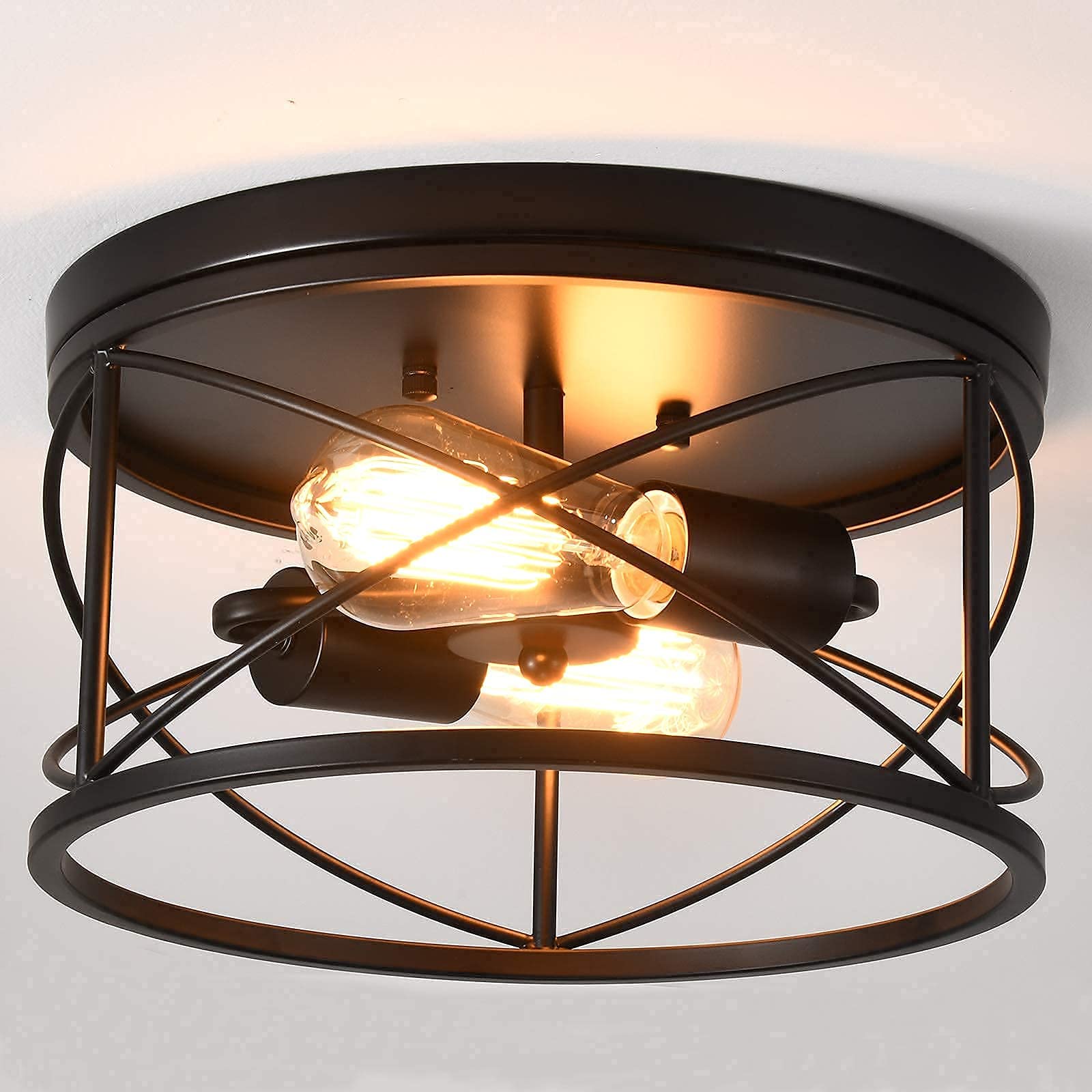 Black Semi Flush Ceiling Light Fixture, 2-Light Farmhouse Flush Mount Light Fixtures, Modern Industrial Metal Cage Pendant Lighting for Hallway, Bedroom, Kitchen, Foyer, Living Room, Dining Room