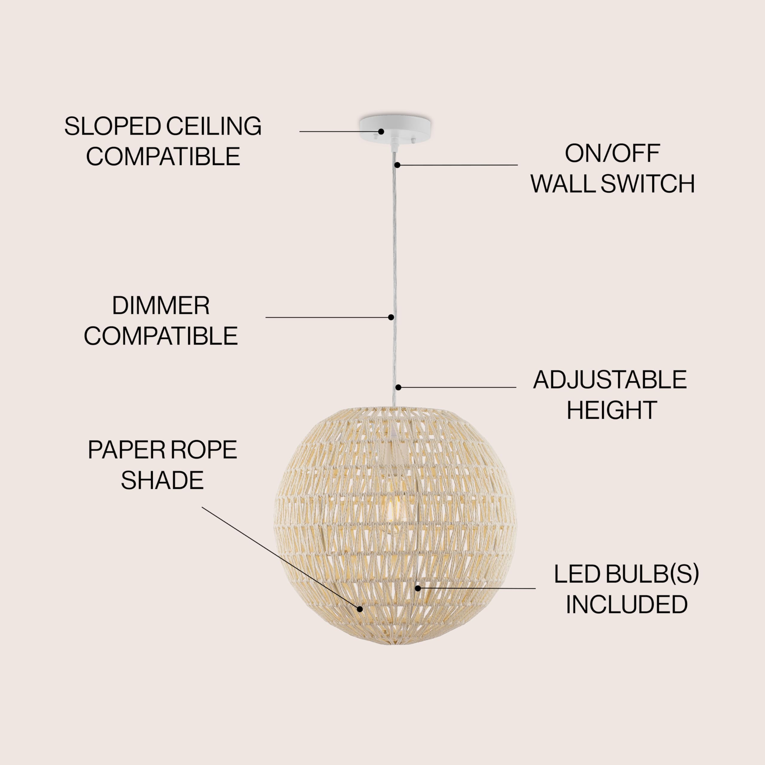 15.7" Woven Rattan Orb LED Pendant Minimalist Modern Contemporary Transitional Bohemian Modern Dimmable Adjustable Dining Room Living Room Kitchen Foyer Bedroom Hallway, White