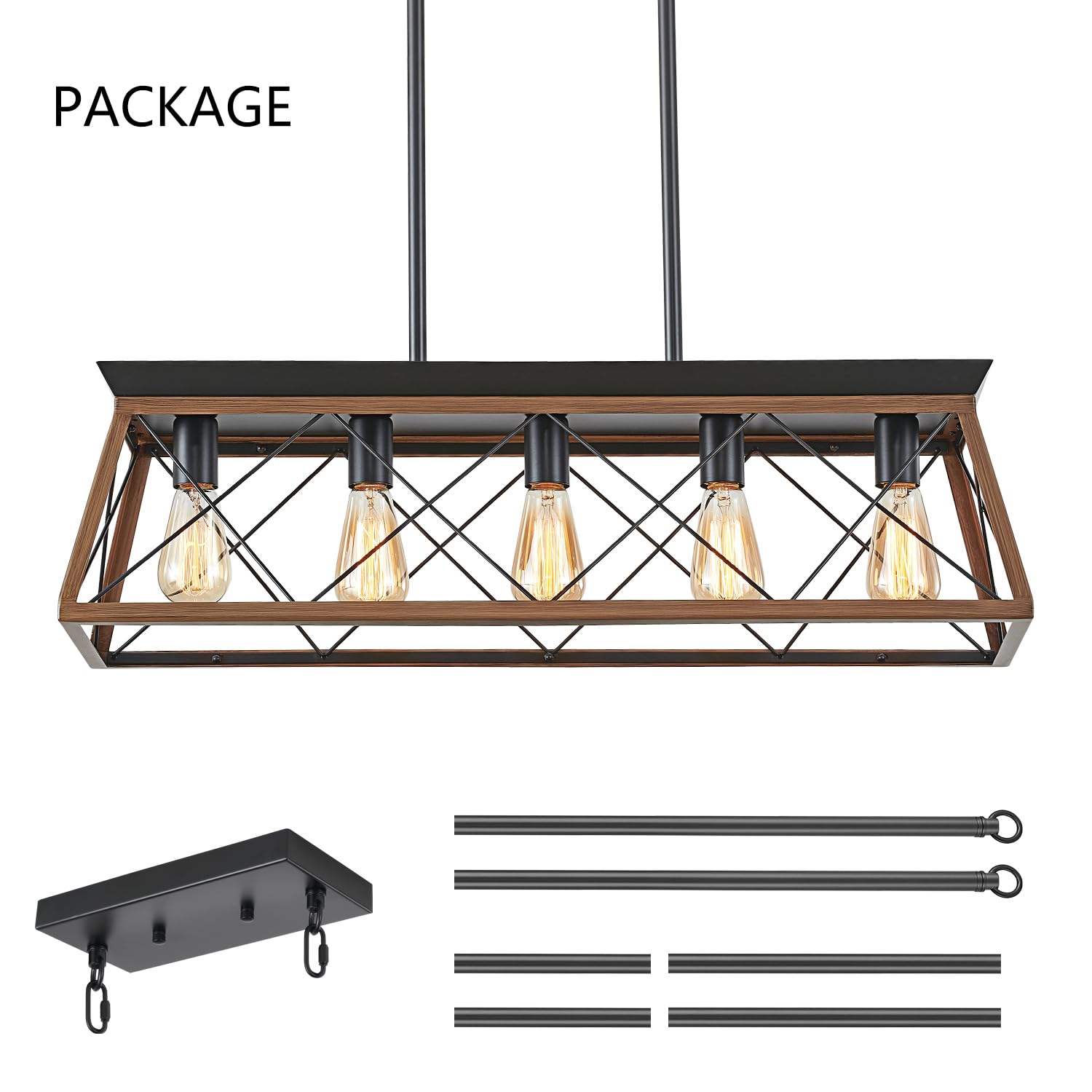 5-Light Farmhouse Pendant Light for Dining Room, Rustic Kitchen Island Lighting, Adjustable Height Chandeliers for Kitchen, Dining Room Table Black