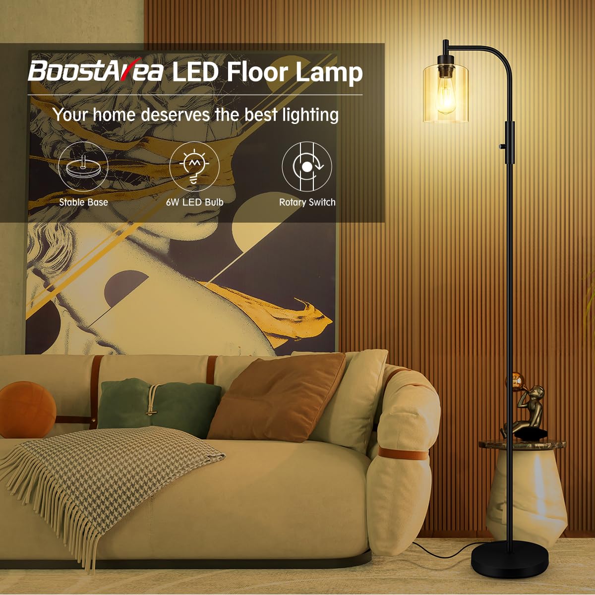 Floor Lamp, 6W Black Modern Floor Lamp with 4W Adjustable Reading Lamp, 2700K Energy-Saving LED Bulbs Included, Industrial Bright Floor Lamp for Bedroom, Living Room and Office