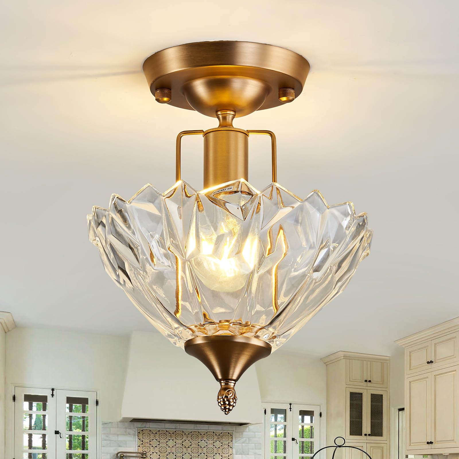 Vintage Gold Semi Flush Mount Ceiling Light Fixture with Clear Glass Shade Flower Small Chandelier Brass Close to Ceiling Light for Hallway Entryway Bedroom Porch Foyer Corridor Kitchen