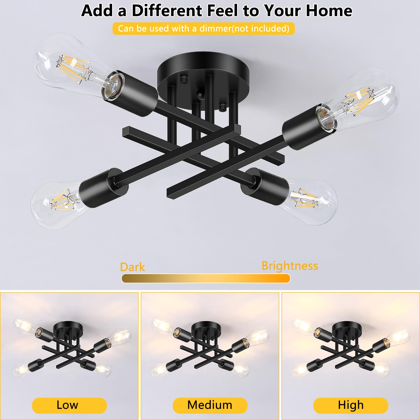 6-Lights Semi Flush Mount Ceiling Light, Mid-Century Modern Black and Gold Sputnik Ceiling Lighting, Industrial Kitchen Light Fixtures Ceiling Mount for Dining Room Hallway Living Room