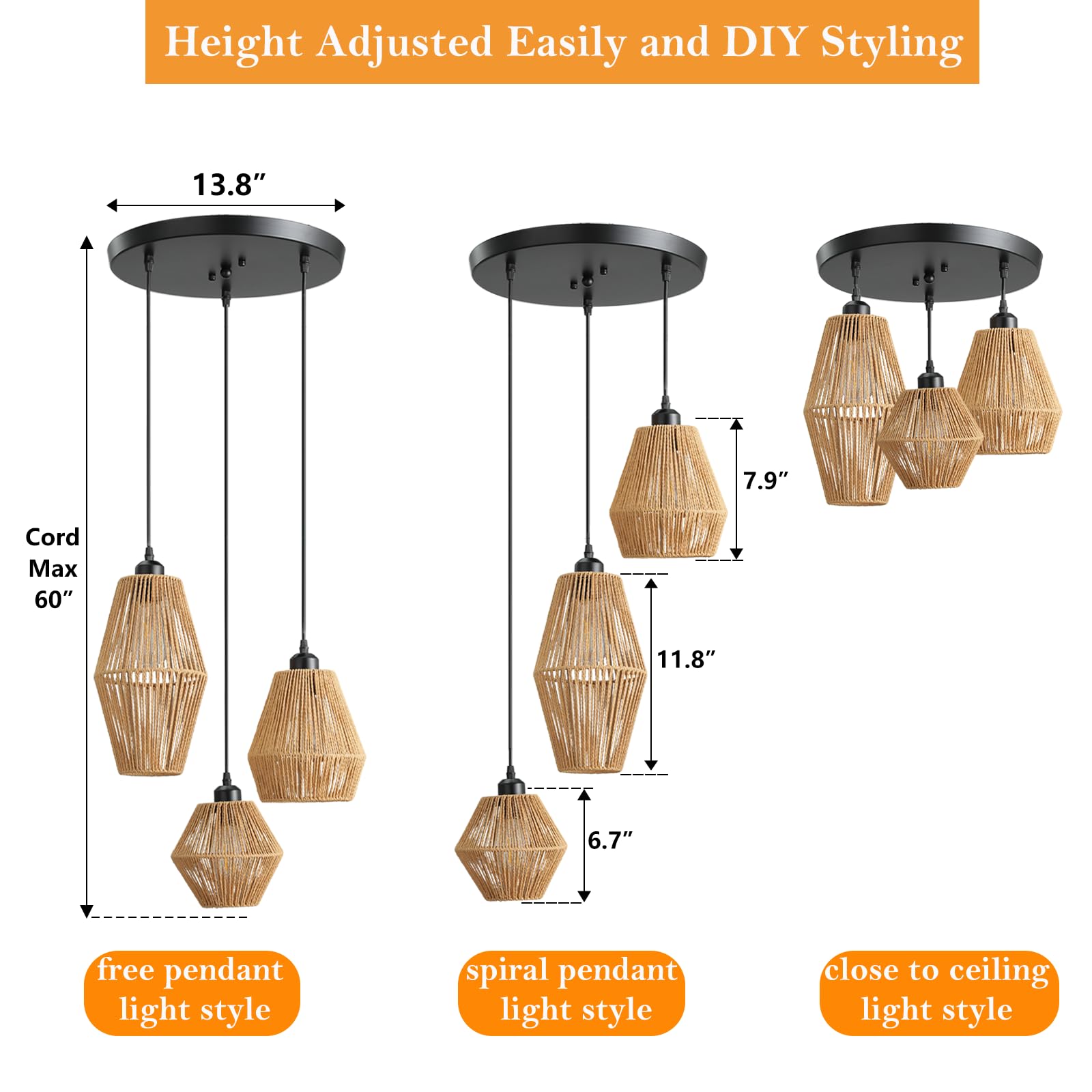 3-Light Rattan Pendant Light,Hand Woven Boho Chandelier,Wicker Pendant Light Fixture,Kitchen Dining Room Chandelier Over Table,Hanging Light for Living Room,Entryway,LED Bulbs Included