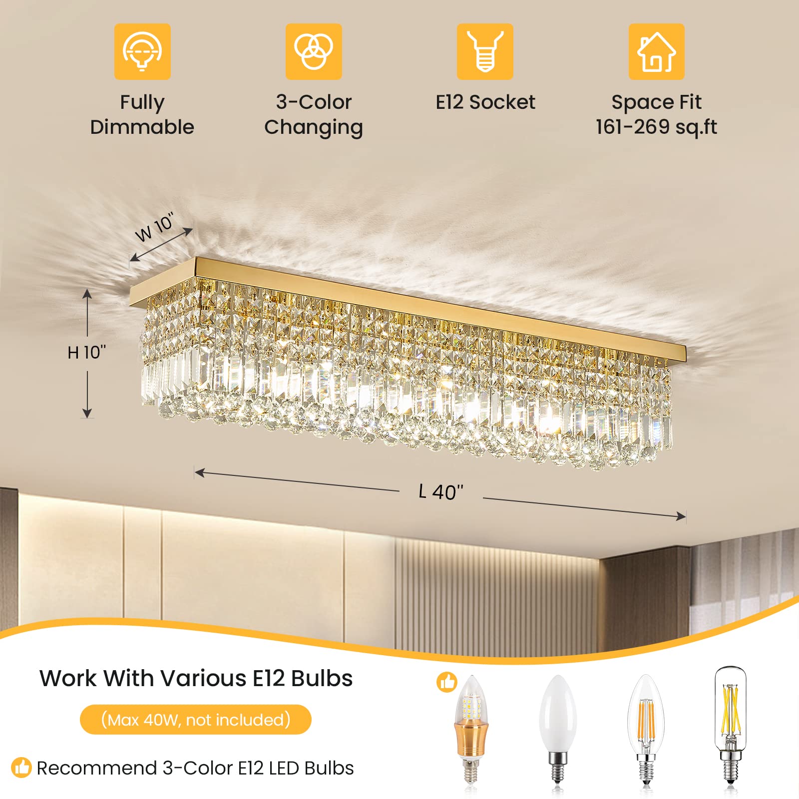 6-Light Modern Crystal Chandelier Rectangular Gold K9 Crystal Raindrop Chandelier for Dining Room, Luxury Adjustable Ceiling Pendant Light for Living Room Kitchen Island L31.5'' x W10'' x H10''