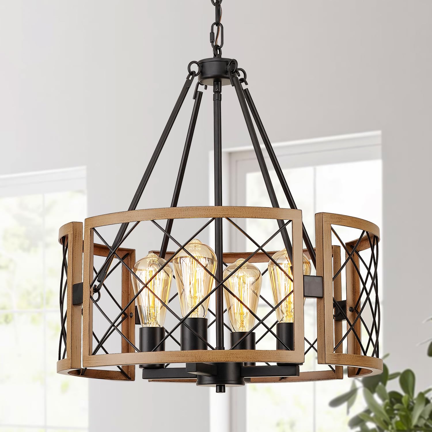 Modern Farmhouse Chandelier, Rustic 4-Light Dining Room Chandelier Light Fixture Kitchen Island Light, Adjustable Hanging Light for Bedroom Entryway Foyer Living Room, Grey Wood