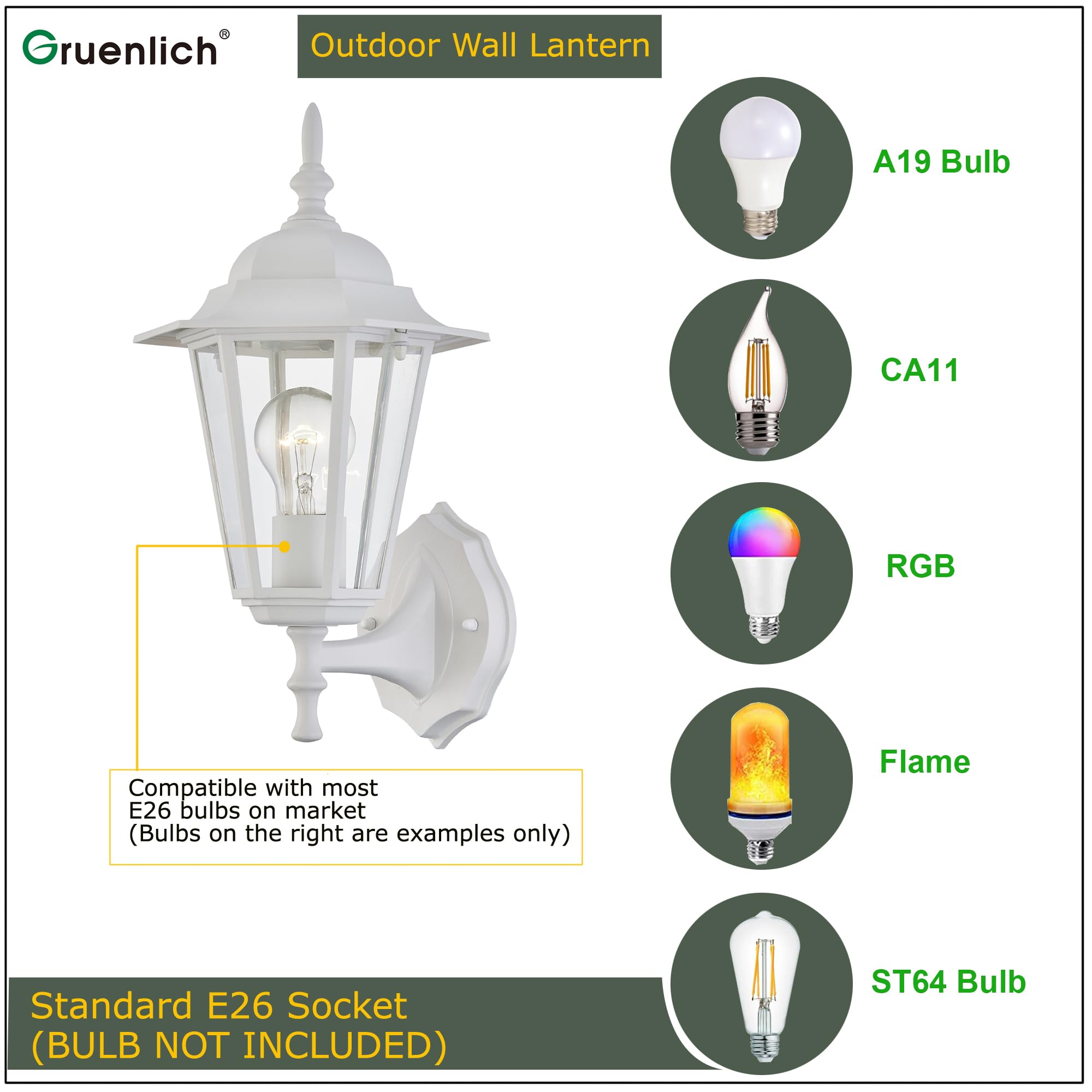 Outdoor Wall Lantern, Wall Sconce as Porch Lighting Fixture with E26 Medium Base, Aluminum Housing Plus Glass, Water-Proof, Bulb Not Included, White Finish, 1 Pack