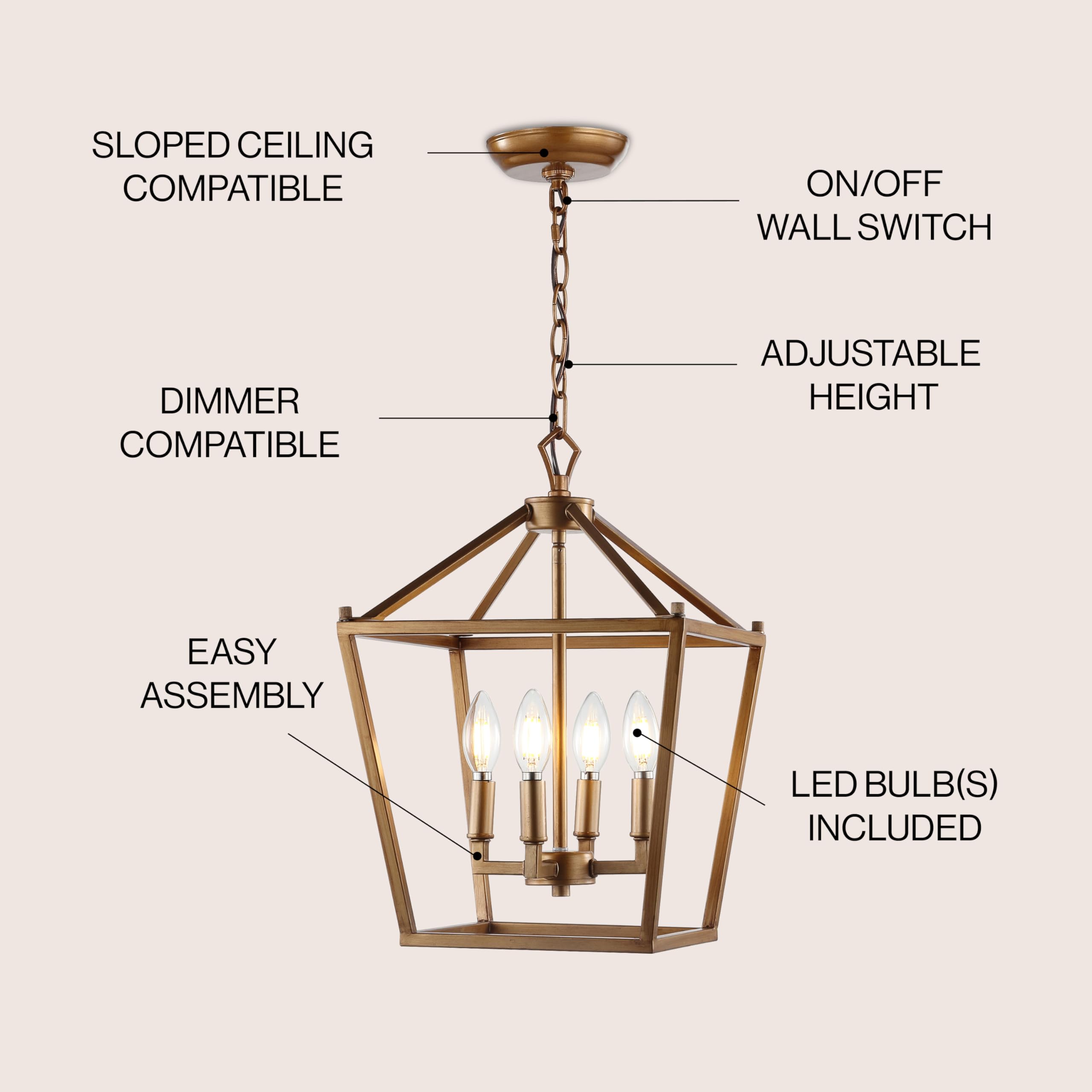 Lantern Dimmable Adjustable Metal LED Pendant Classic Traditional Farmhouse Dining Room Living Room Kitchen Foyer Bedroom Hallway, 10 in, Antique Gold