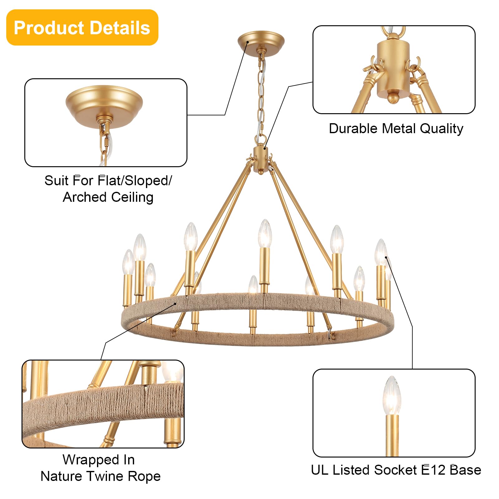 12-Lights Gold Wagon Wheel Chandelier 28" Large Gold Farmhouse Chandelier Vintage Circle Light Fixture for Dining Room Kitchen Island Height Ceiling Living Room