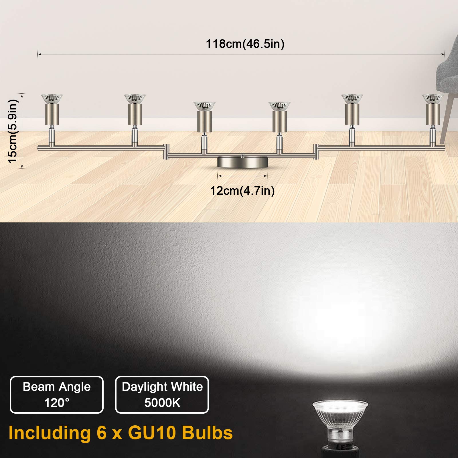 4-Light LED Track Lighting Kit, Flexibly Rotatable Light Heads, 4 Way Ceiling Spotlight Matt Nickel Finish, Including 4 GU10 LED Bulbs (4W 400LM Daylight White 5000K)