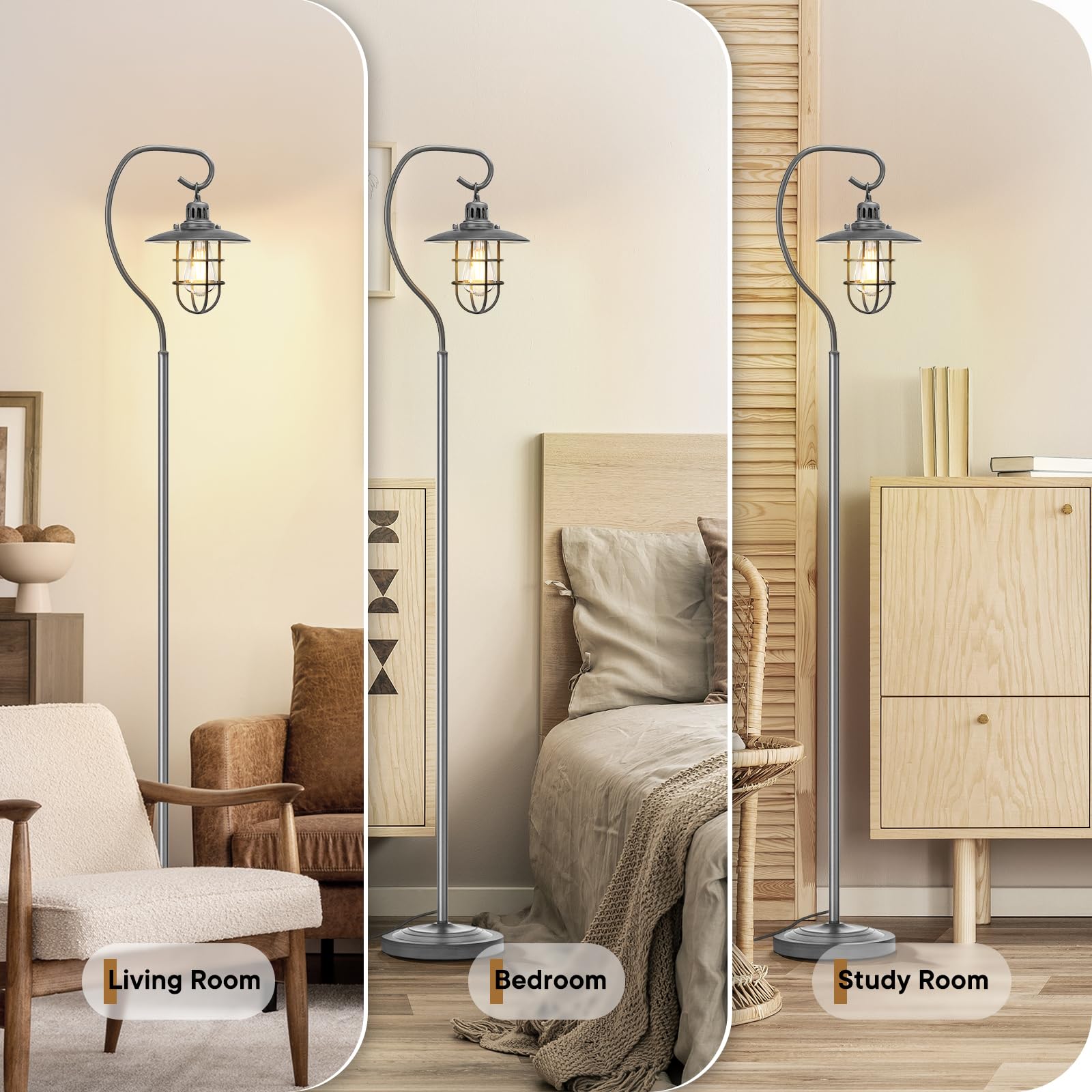 Rustic Lantern Floor Lamps for Living Room with Hanging Lampshade Elegant Industrial Floor Lamps Modern Standing Lamp for Bedroom, Office, 6W LED Bulb Included, Foot Switch, Brushed Silver