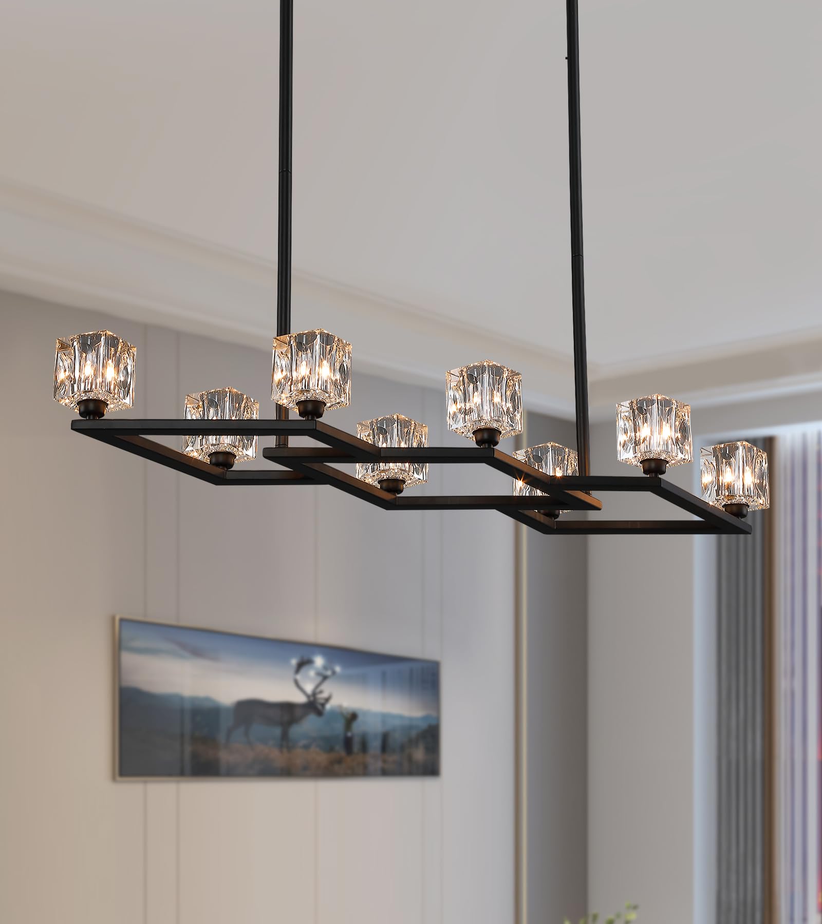 Black Modern Crystal Chandeliers for Dining Room, Geometric 10 Lights Industrial Linear Chandelier Light Fixtures for Kitchen Island Living Room Bar Office Cafe Restaurant